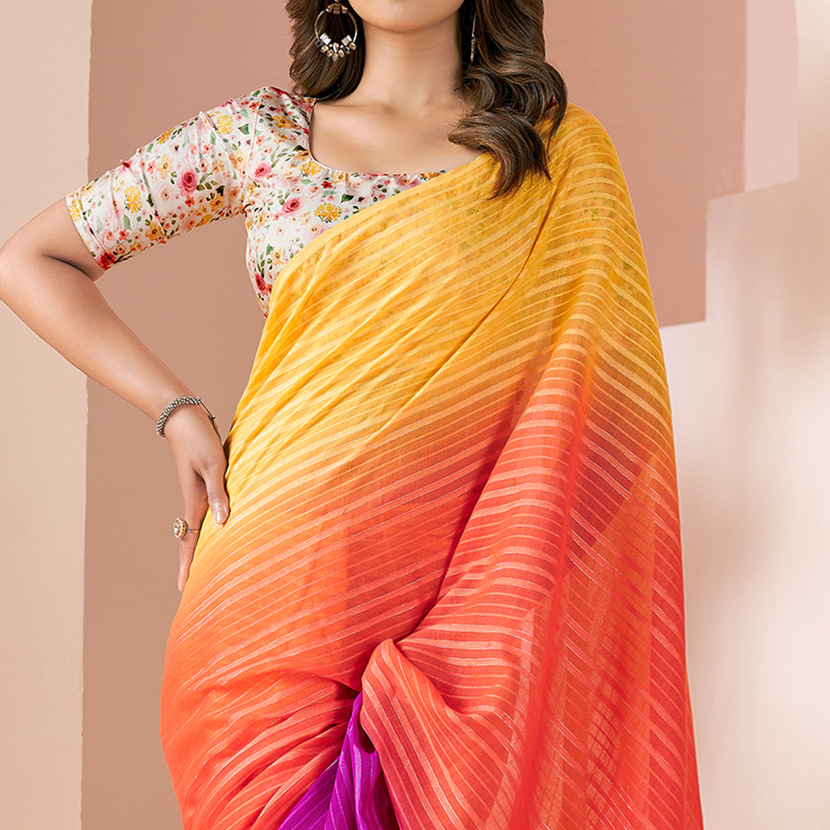 Multicolor Woven Linen Saree With Tassels