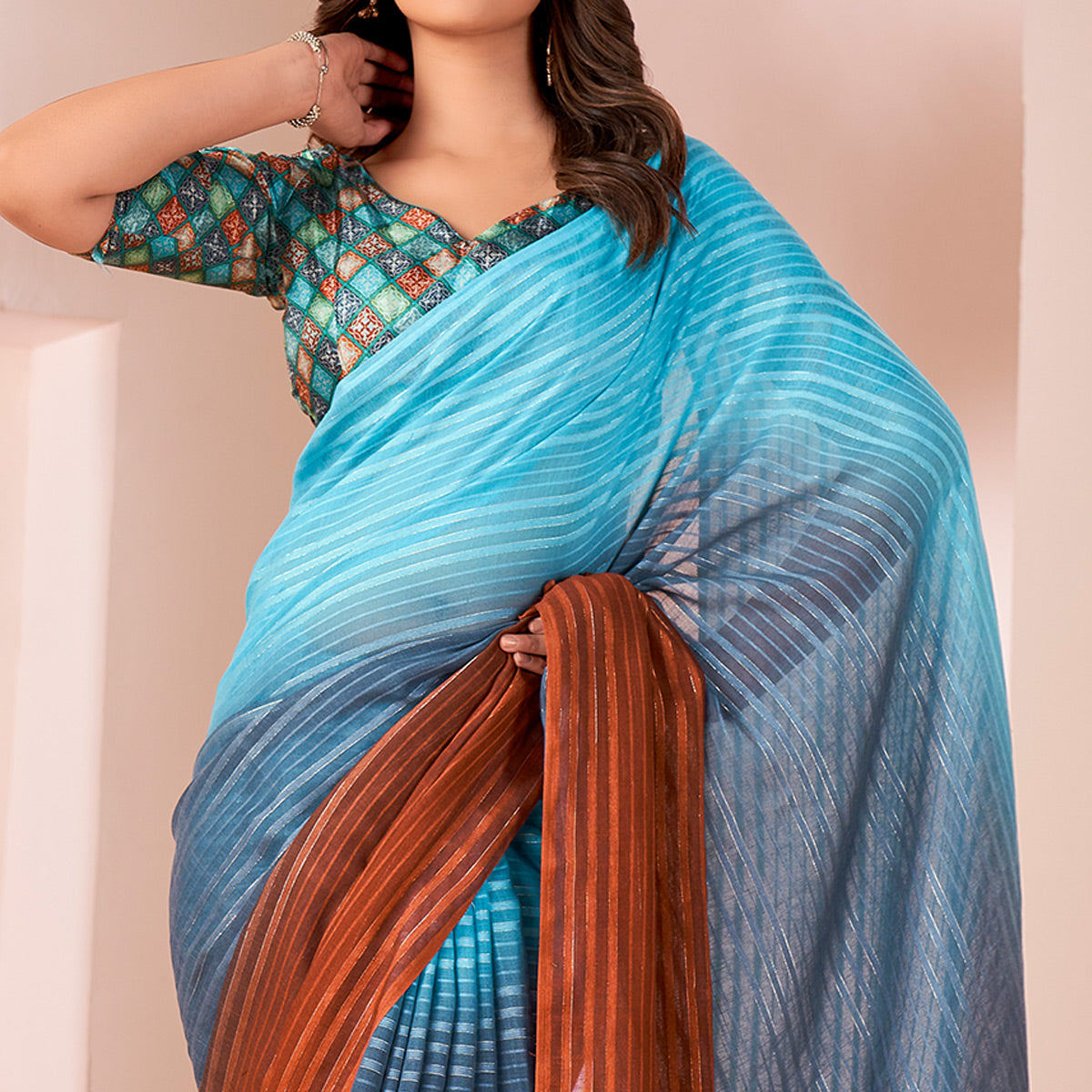 Multicolor Woven Linen Saree With Tassels