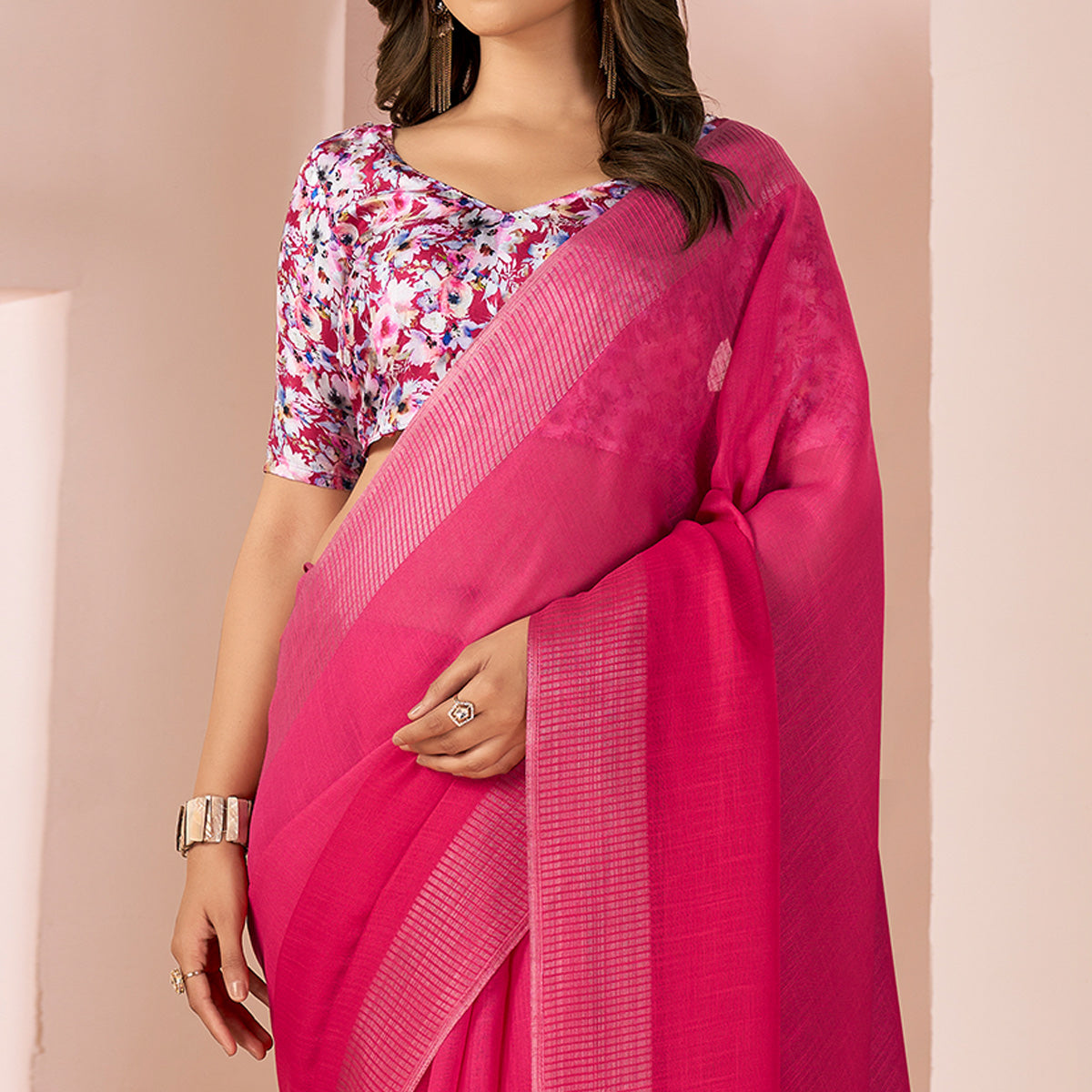 Pink Woven Linen Saree With Tassels