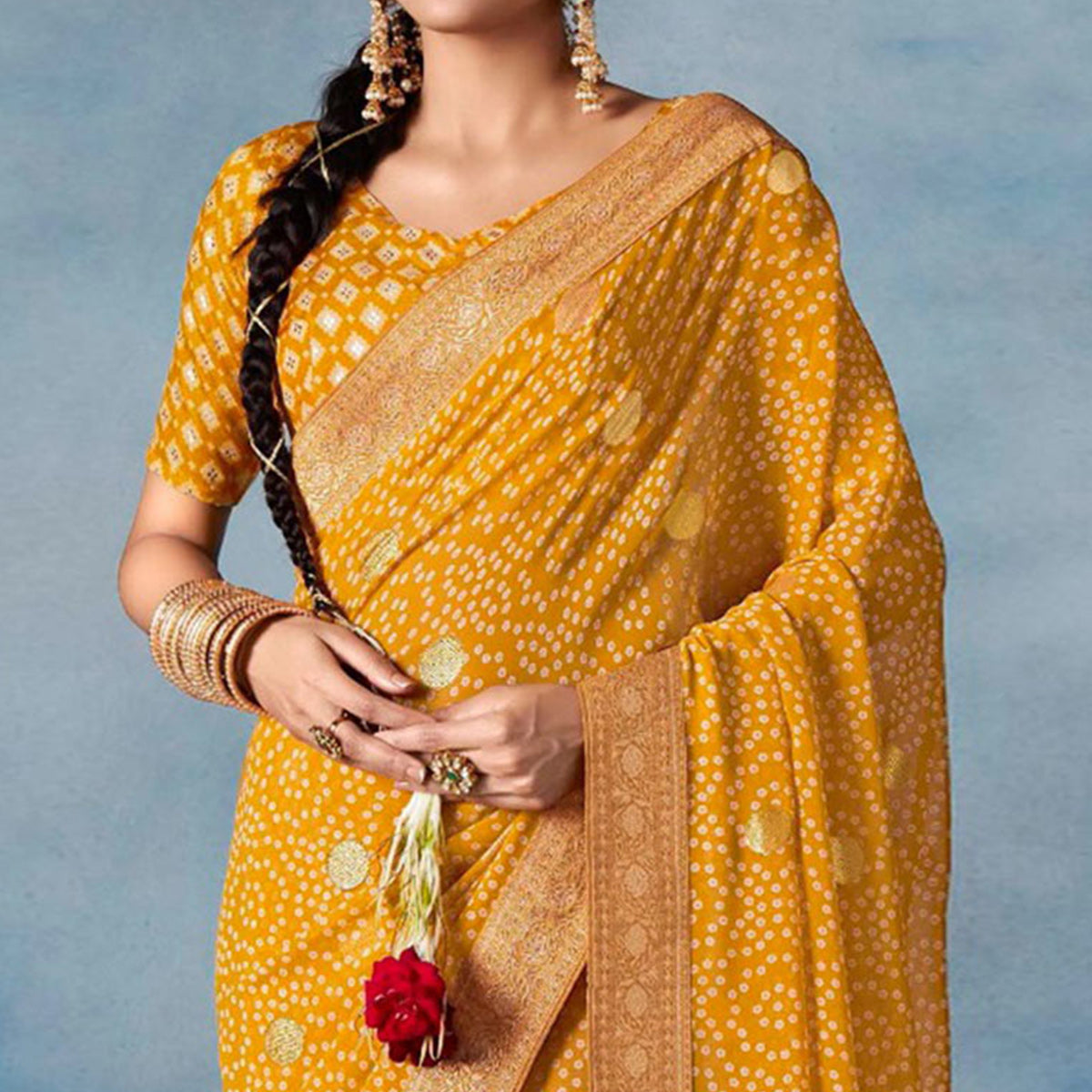 Mustard Bandhani Printed With Woven Border Georgette Saree