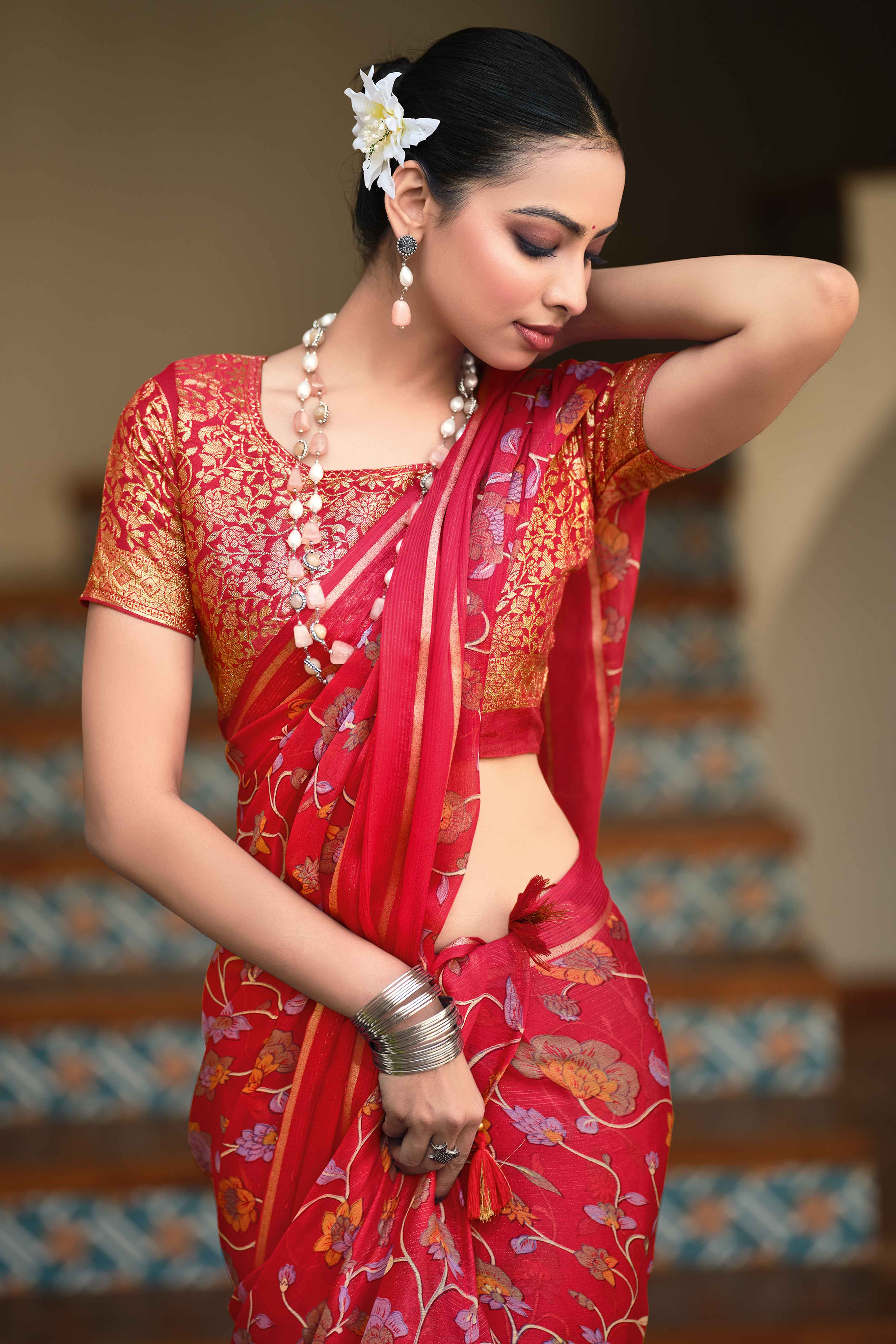 Charming Floral Print Red Chiffon Saree with Breezy Lightness