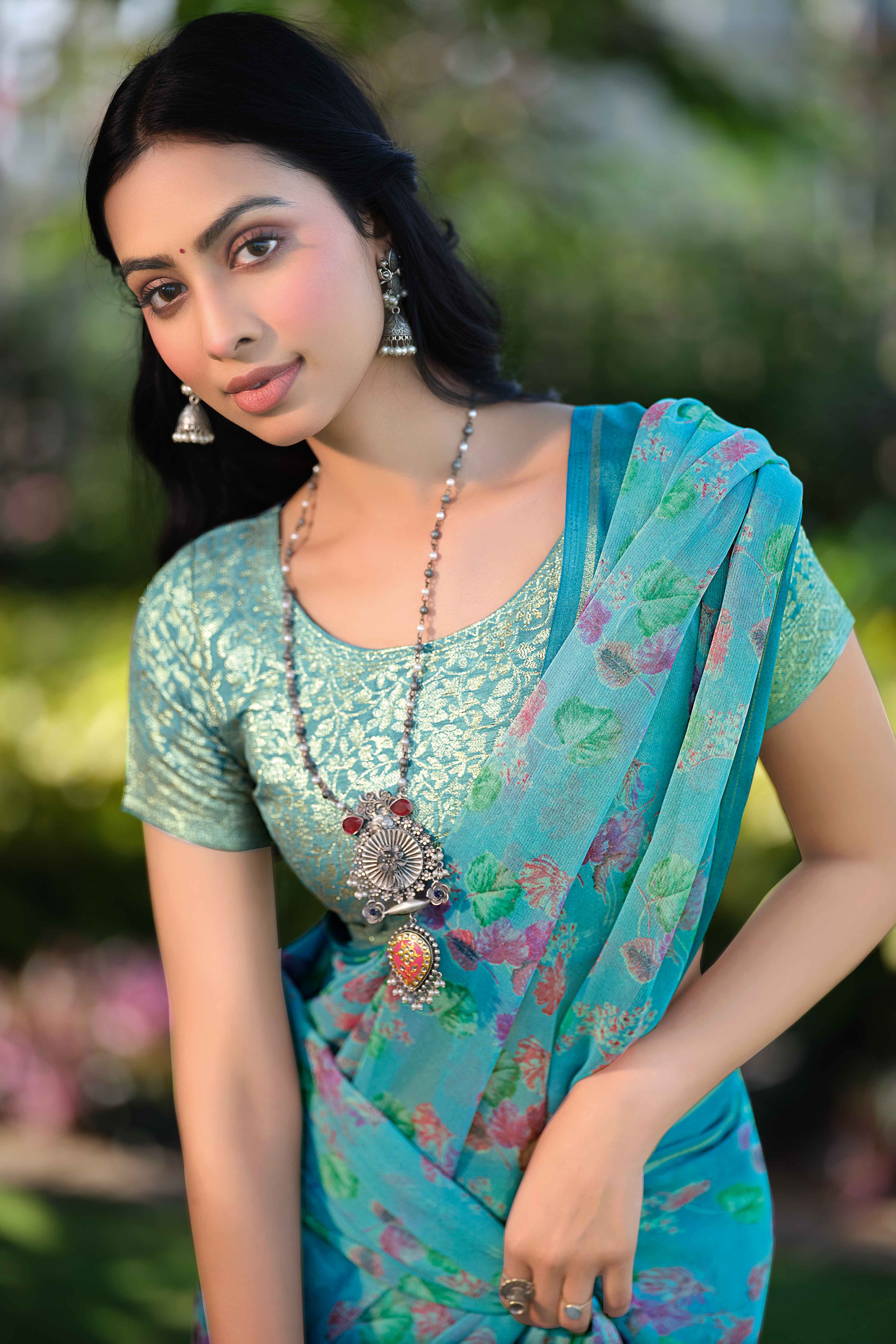 Charming Floral Print Sky Blue Chiffon Saree with Breezy Lightness