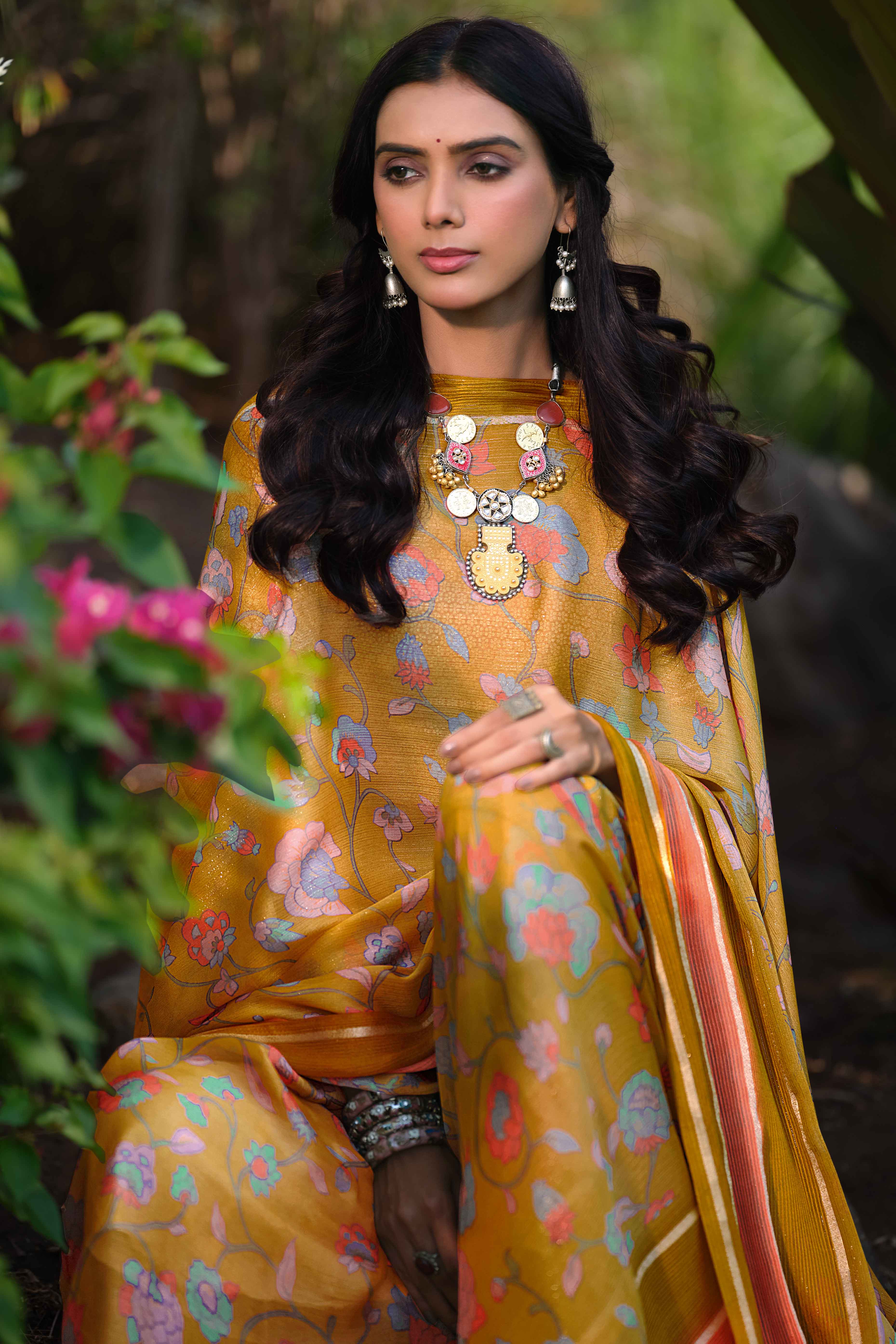 Charming Floral Print Mustard Chiffon Saree with Breezy Lightness