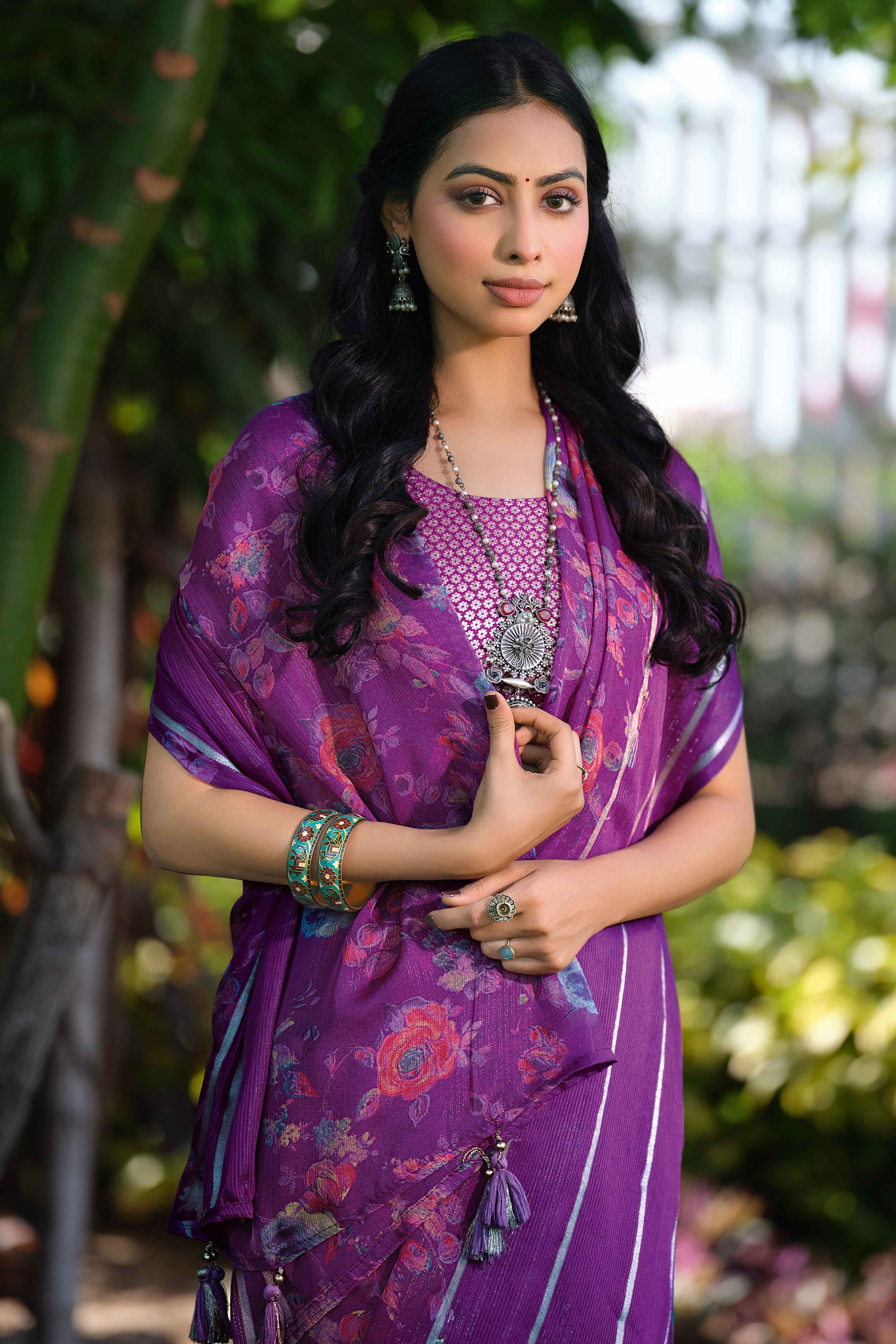 Charming Floral Print Purple Chiffon Saree with Breezy Lightness