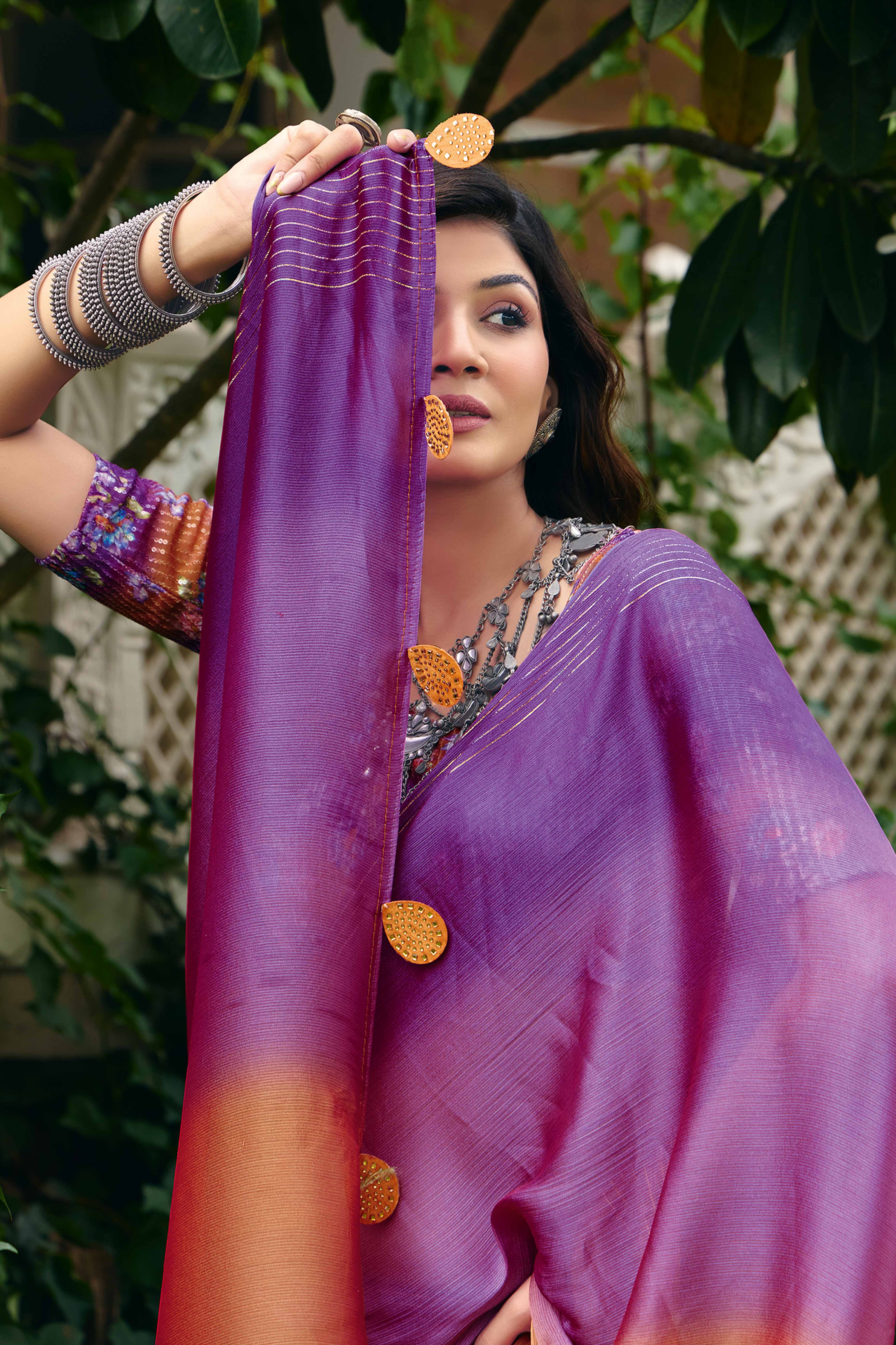 Purple & Brown Ombre Chiffon Saree Embellished with Golden Zari