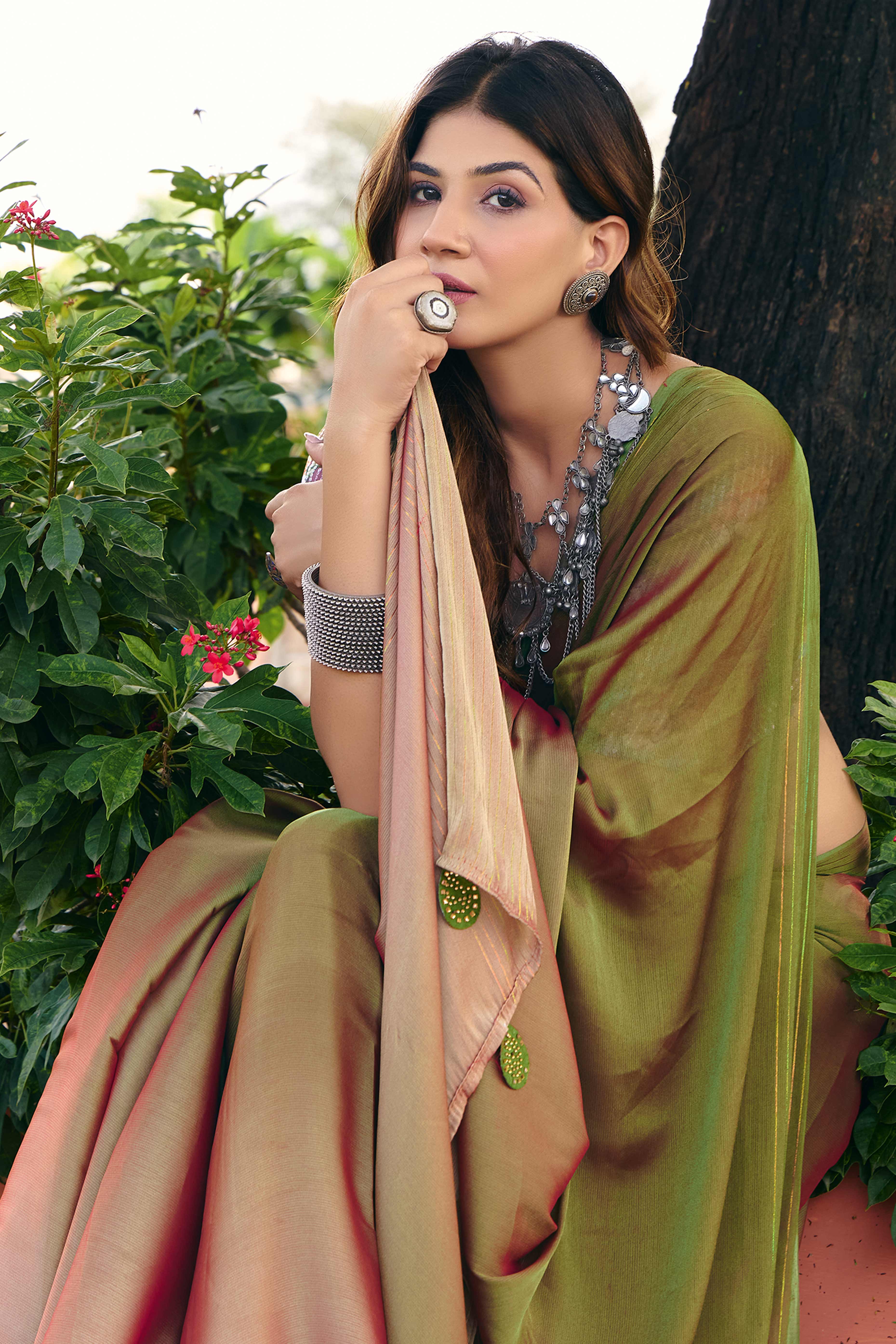 Olive Ombre Chiffon Saree Embellished with Golden Zari