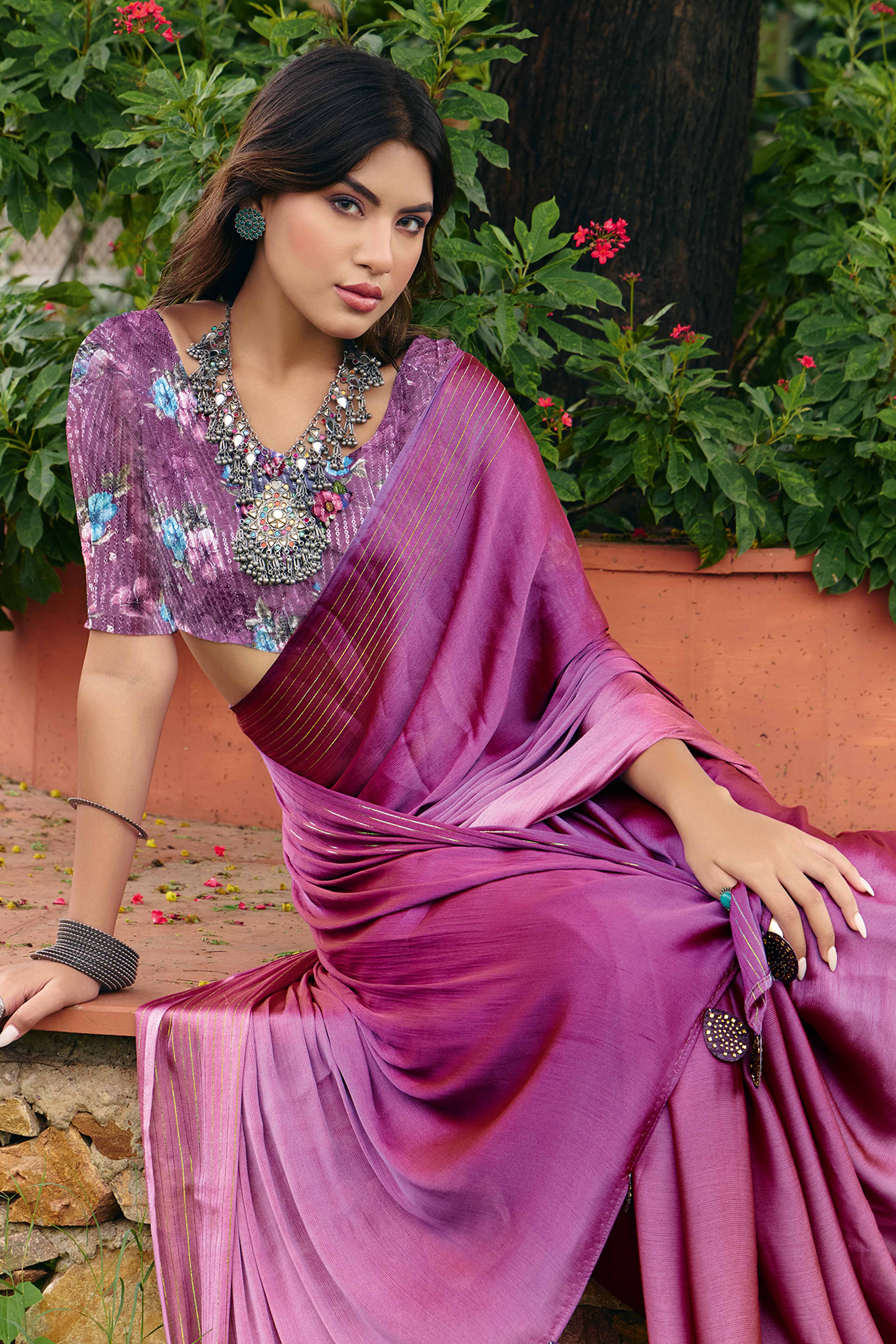 Purple Ombre Chiffon Saree Embellished with Golden Zari
