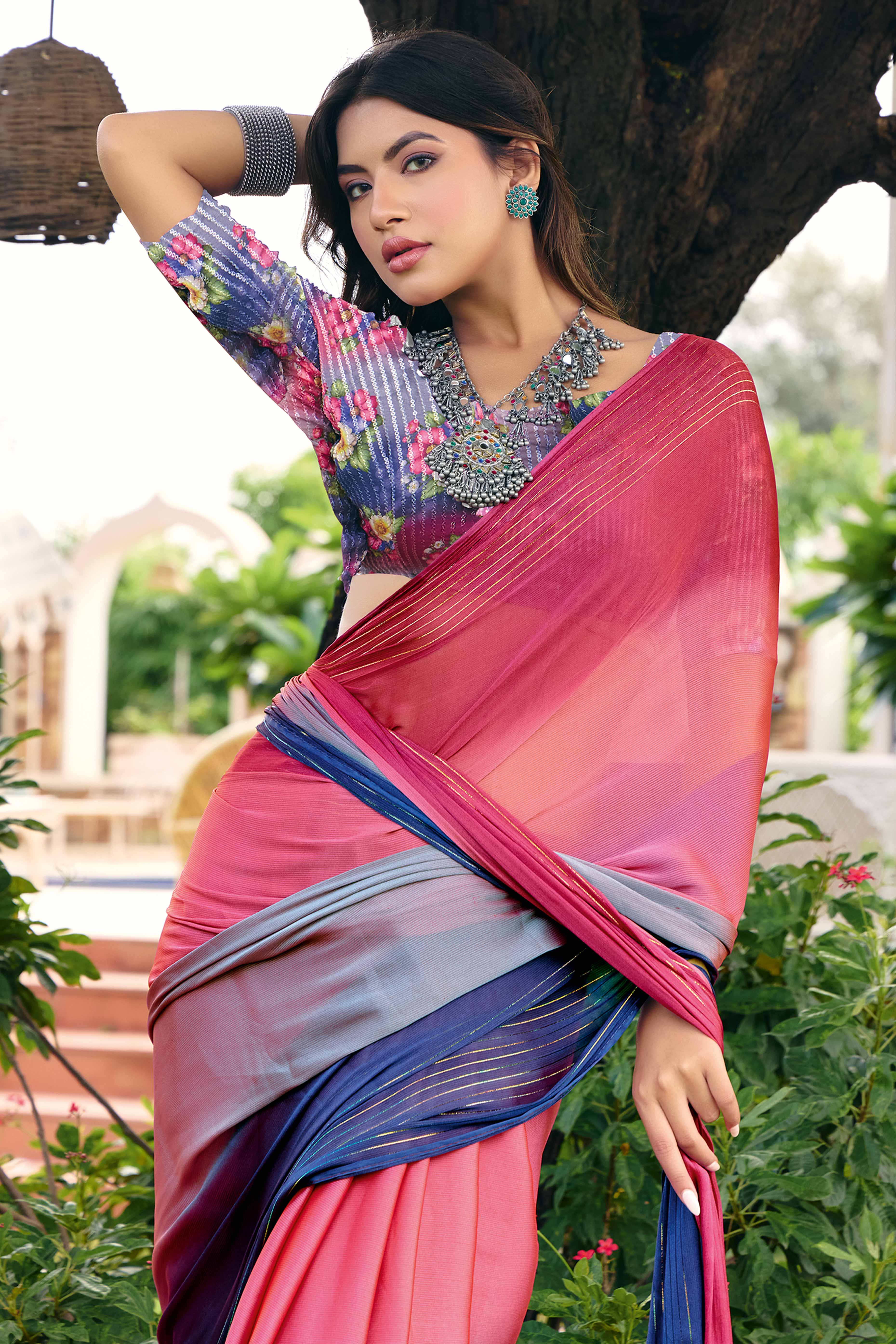 Multicolor Ombre Chiffon Saree Embellished with Golden Zari