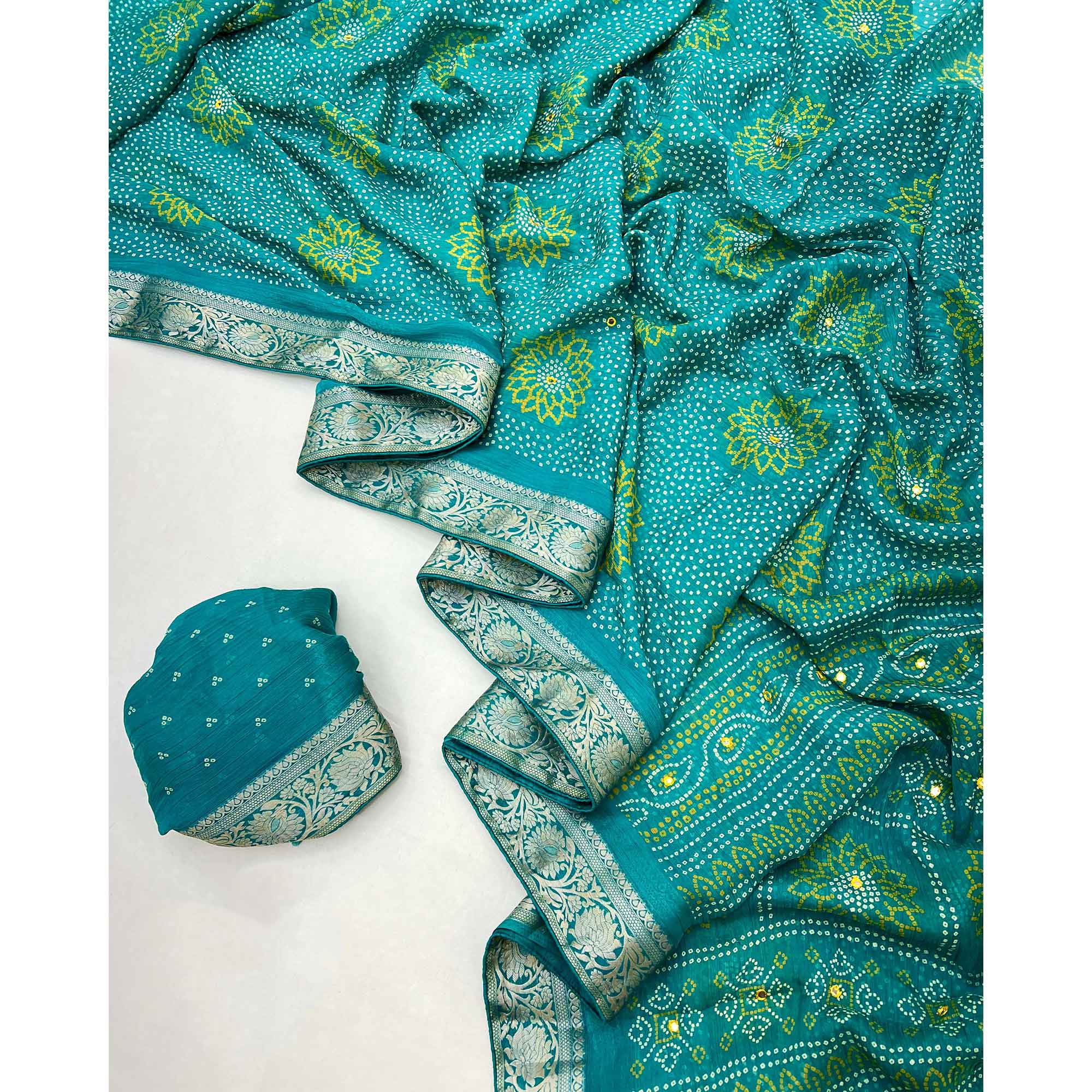 Rama Green Bandhani Printed Chiffon Saree