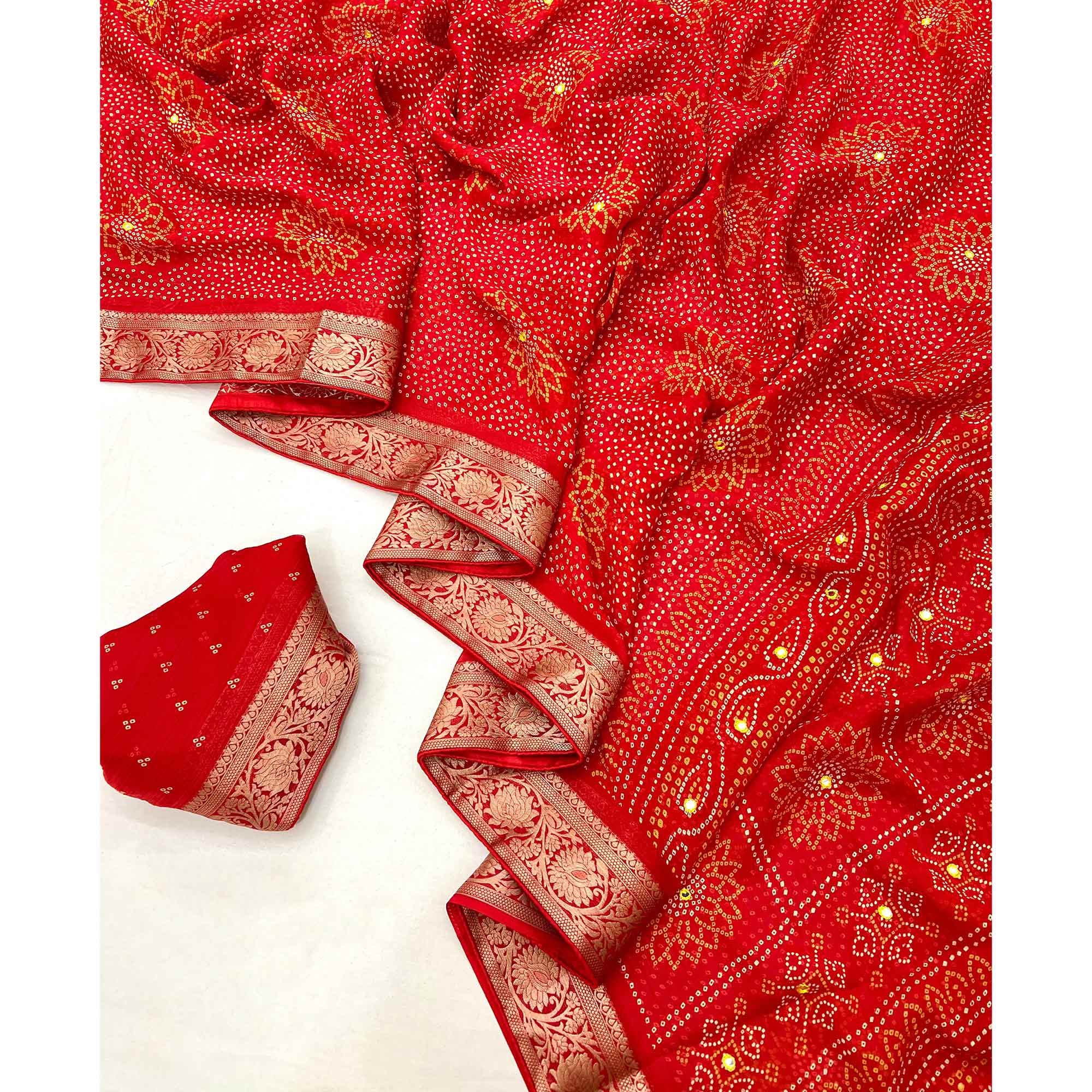 Red Bandhani Printed Chiffon Saree