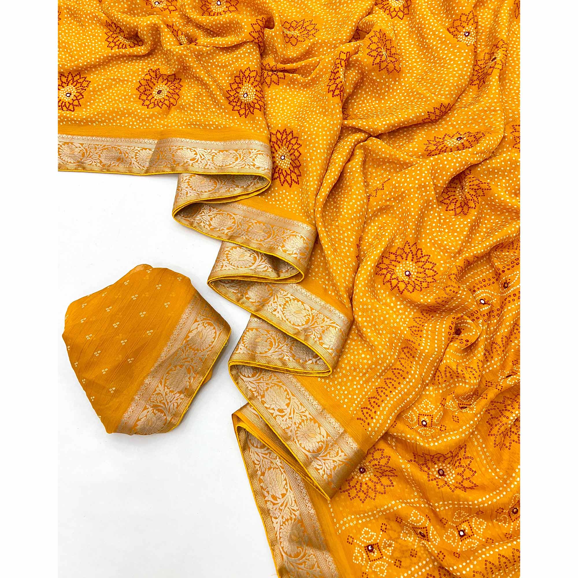 Mustard Bandhani Printed Chiffon Saree