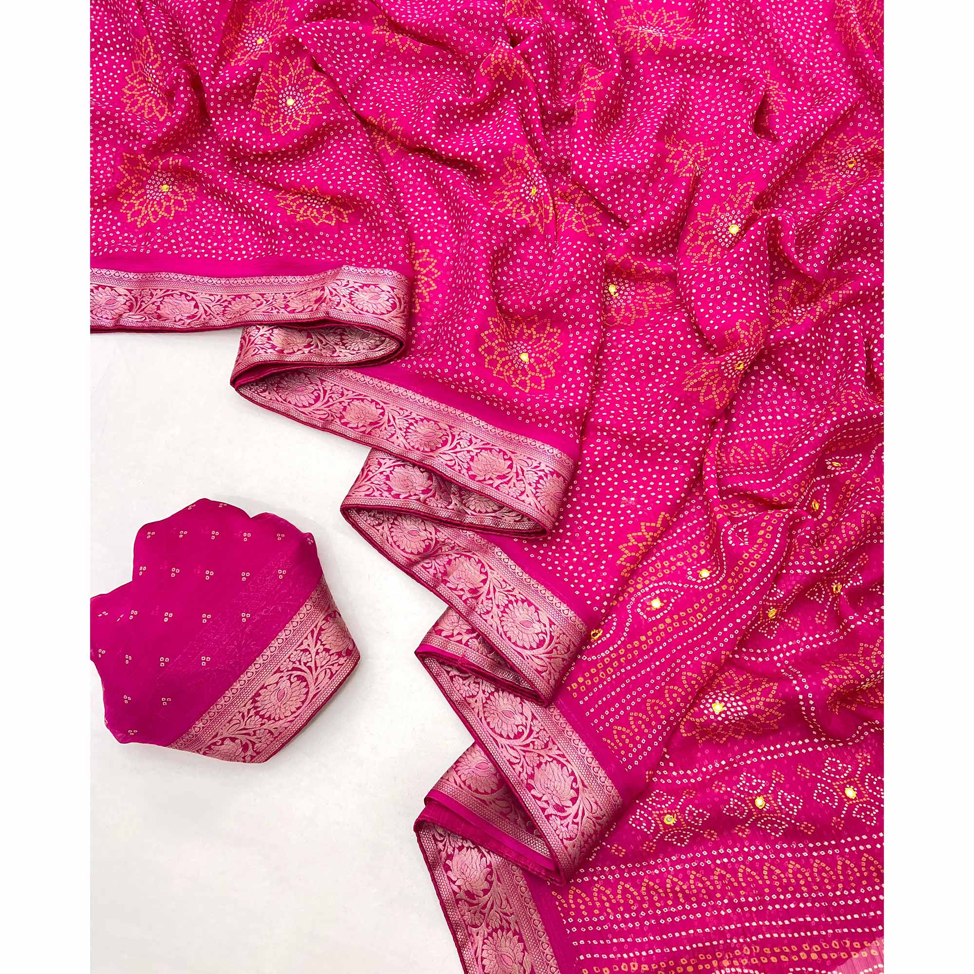 Pink Bandhani Printed Chiffon Saree