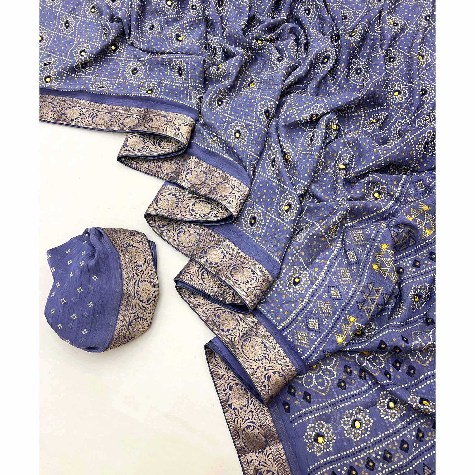 Blue Bandhani Printed Chiffon Saree