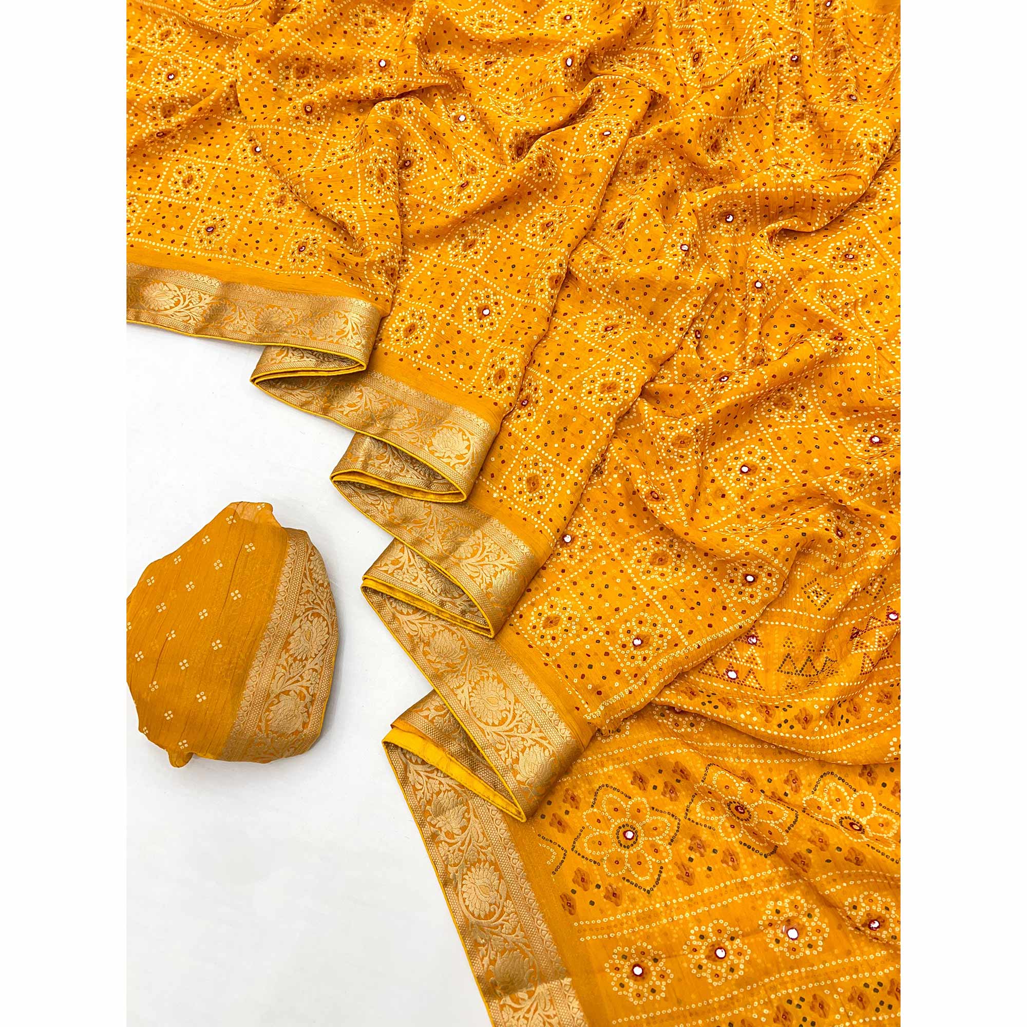 Mustard Bandhani Printed Chiffon Saree