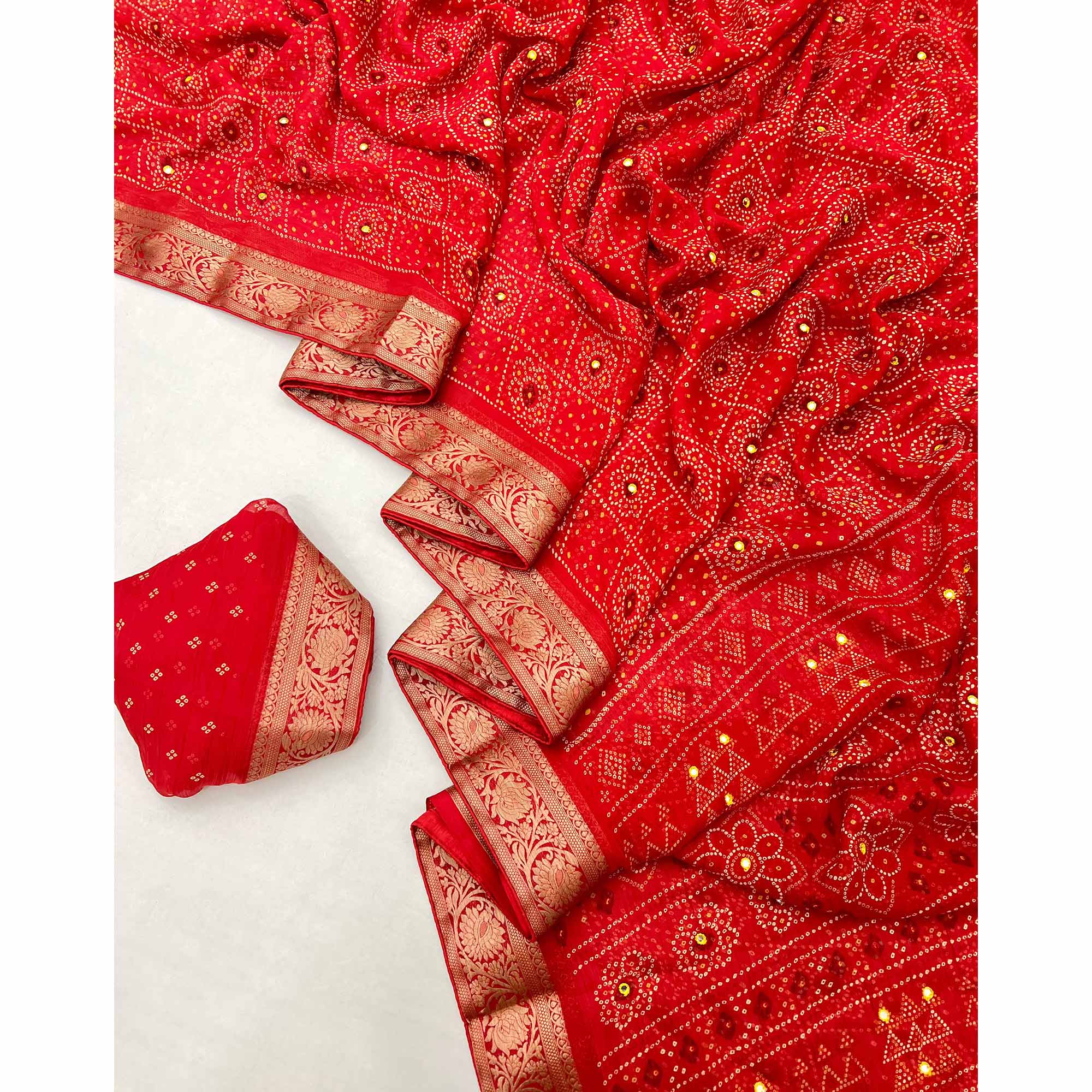 Red Bandhani Printed Chiffon Saree