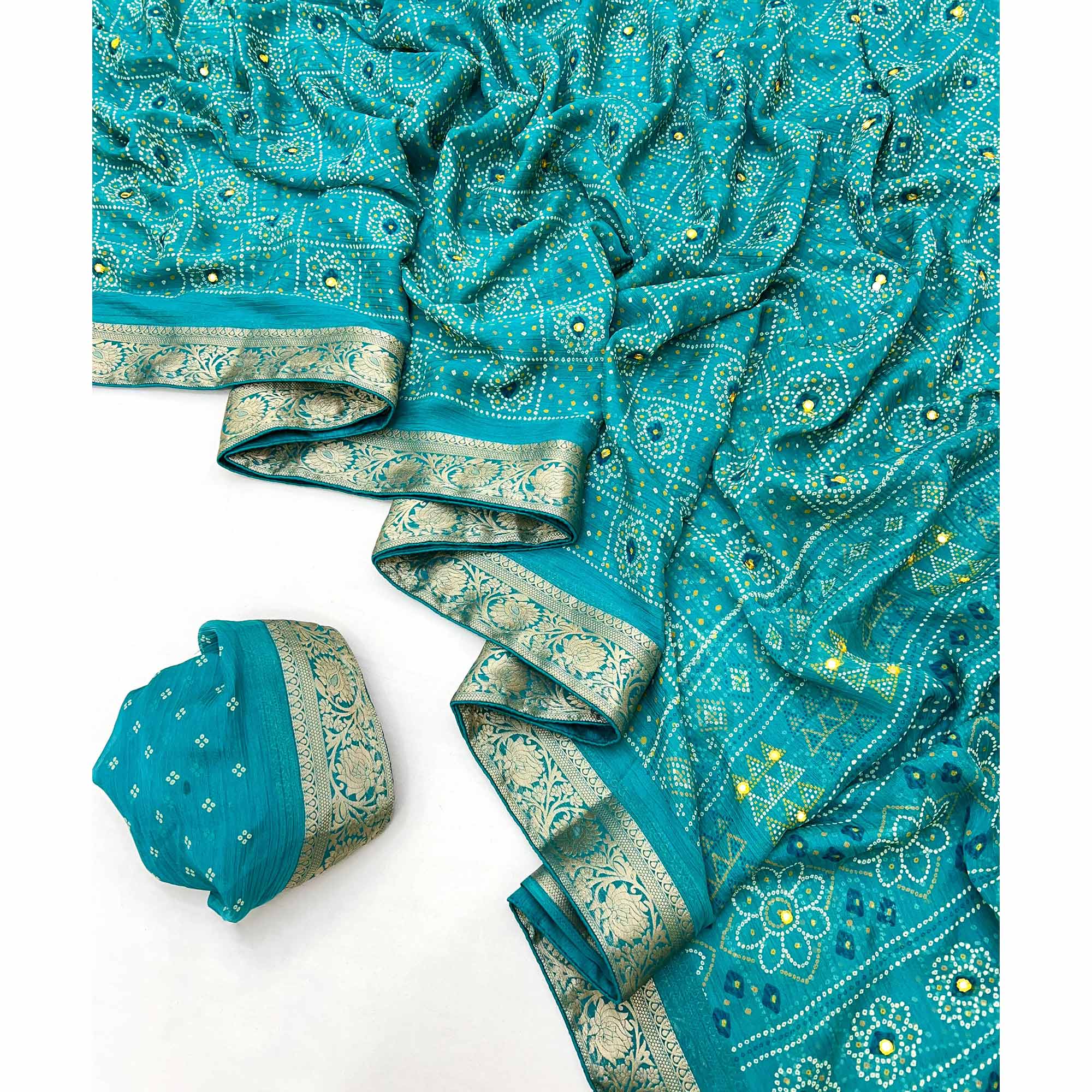 Rama Green Bandhani Printed Chiffon Saree