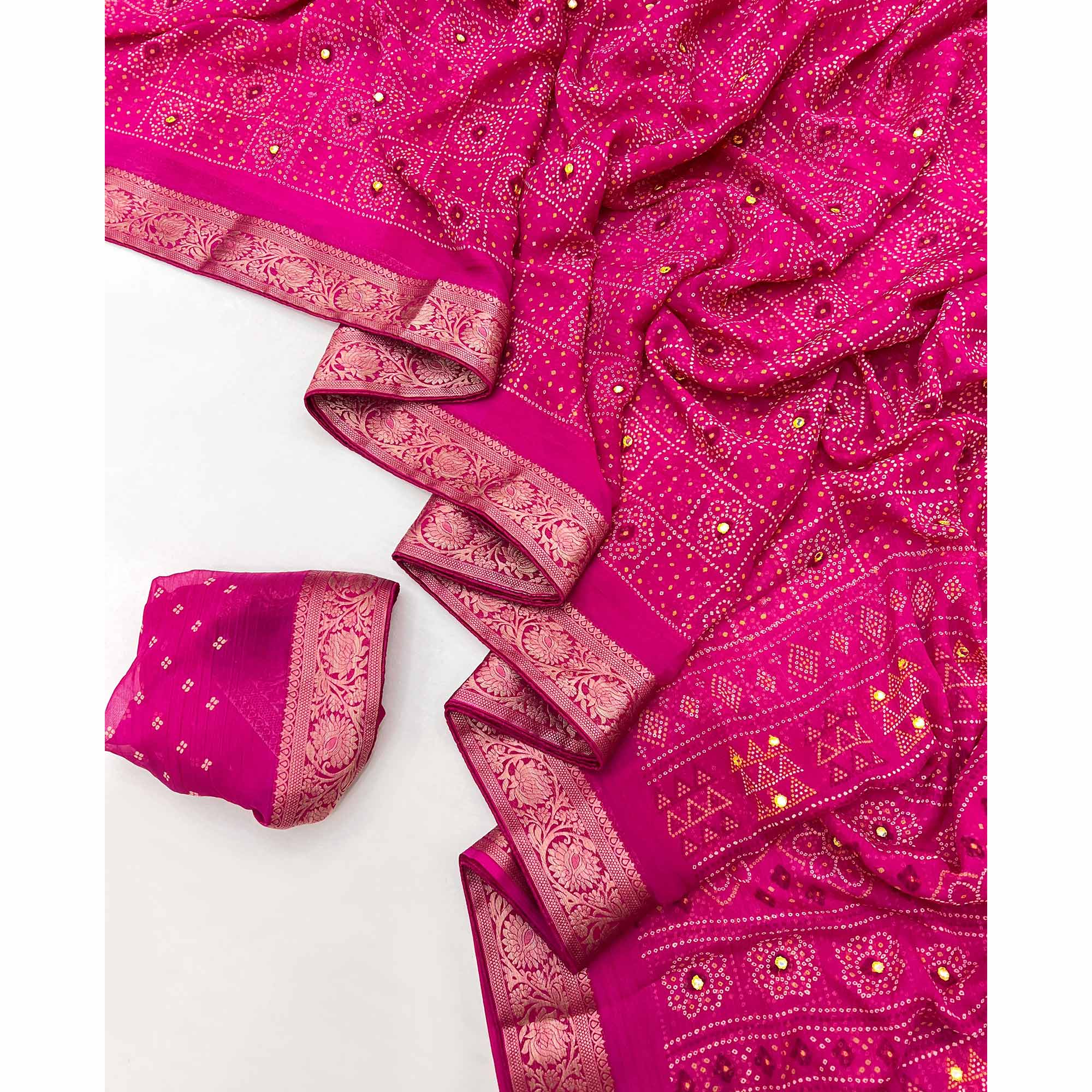 Pink Bandhani Printed Chiffon Saree