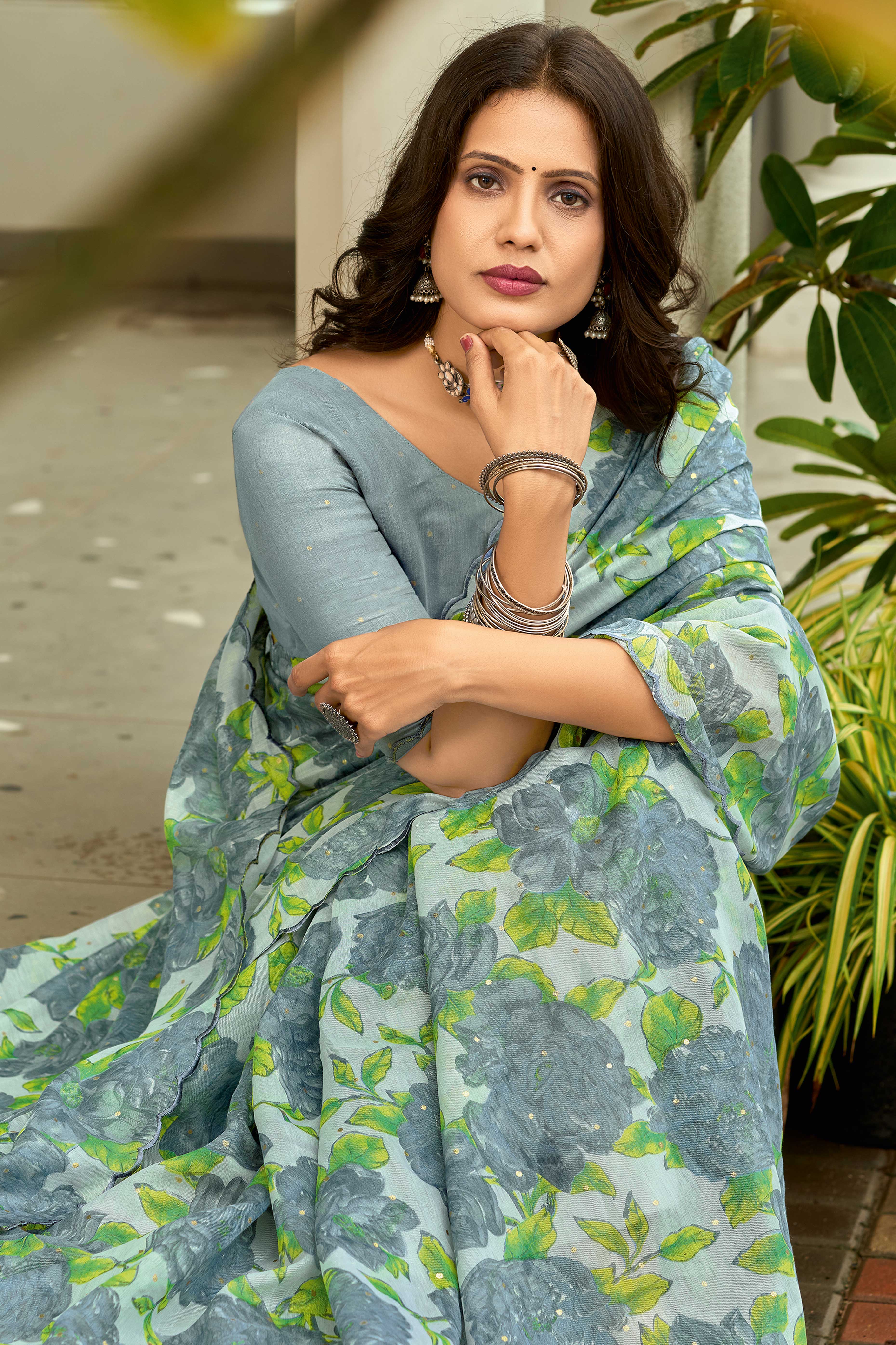 Mint Green Floral Printed Silk Blend Saree Enhanced with Intricate Stone Detailing