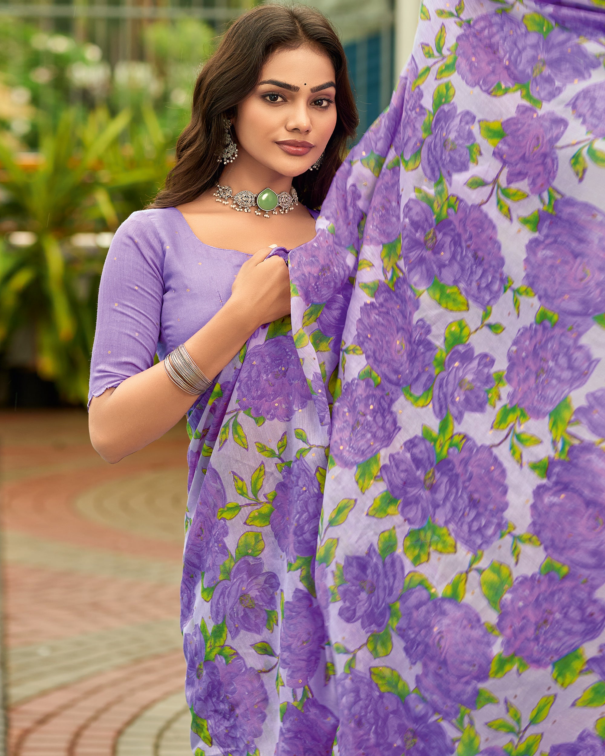 Lavender Floral Printed Silk Blend Saree Enhanced with Intricate Stone Detailing