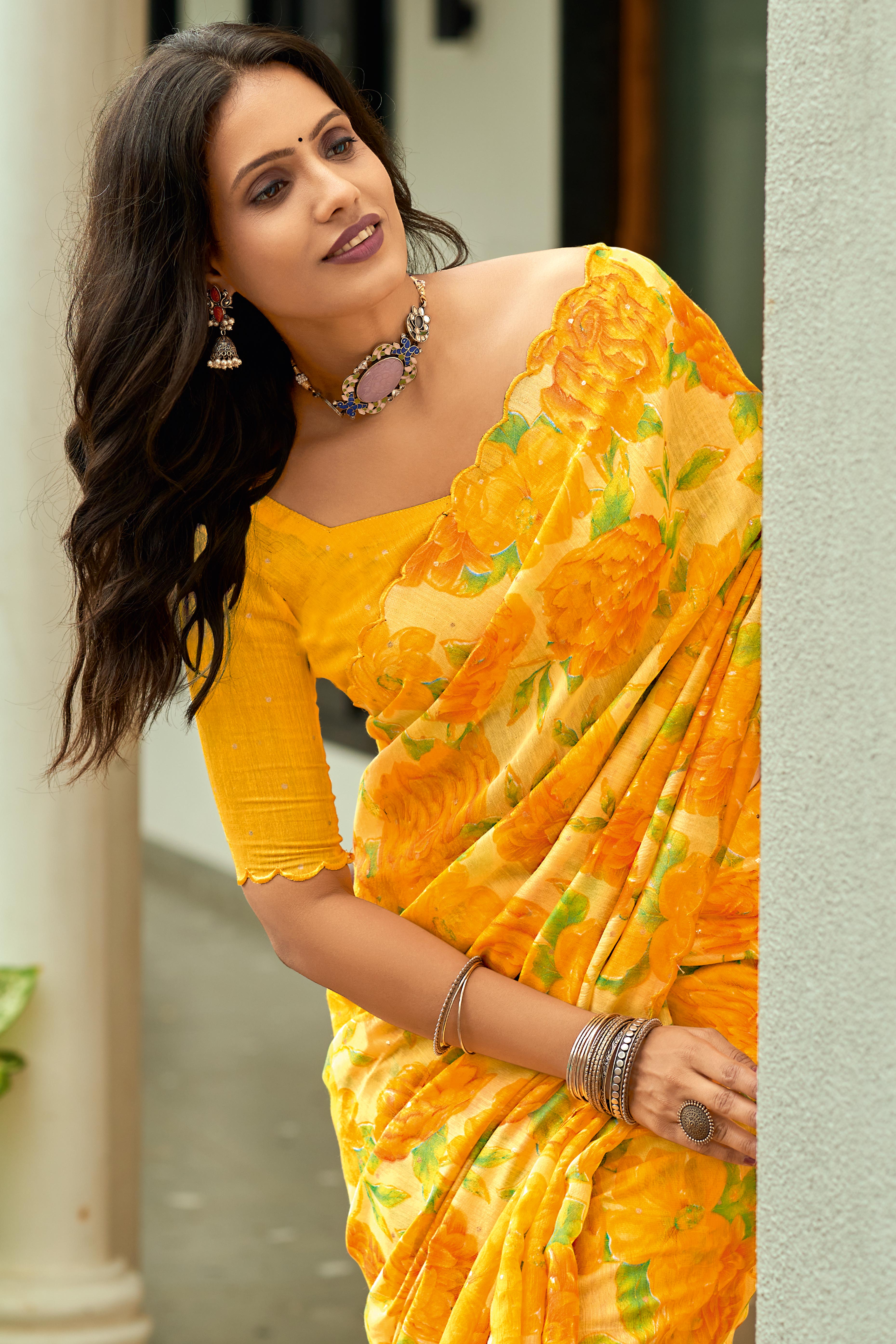 Yellow Floral Printed Silk Blend Saree Enhanced with Intricate Stone Detailing