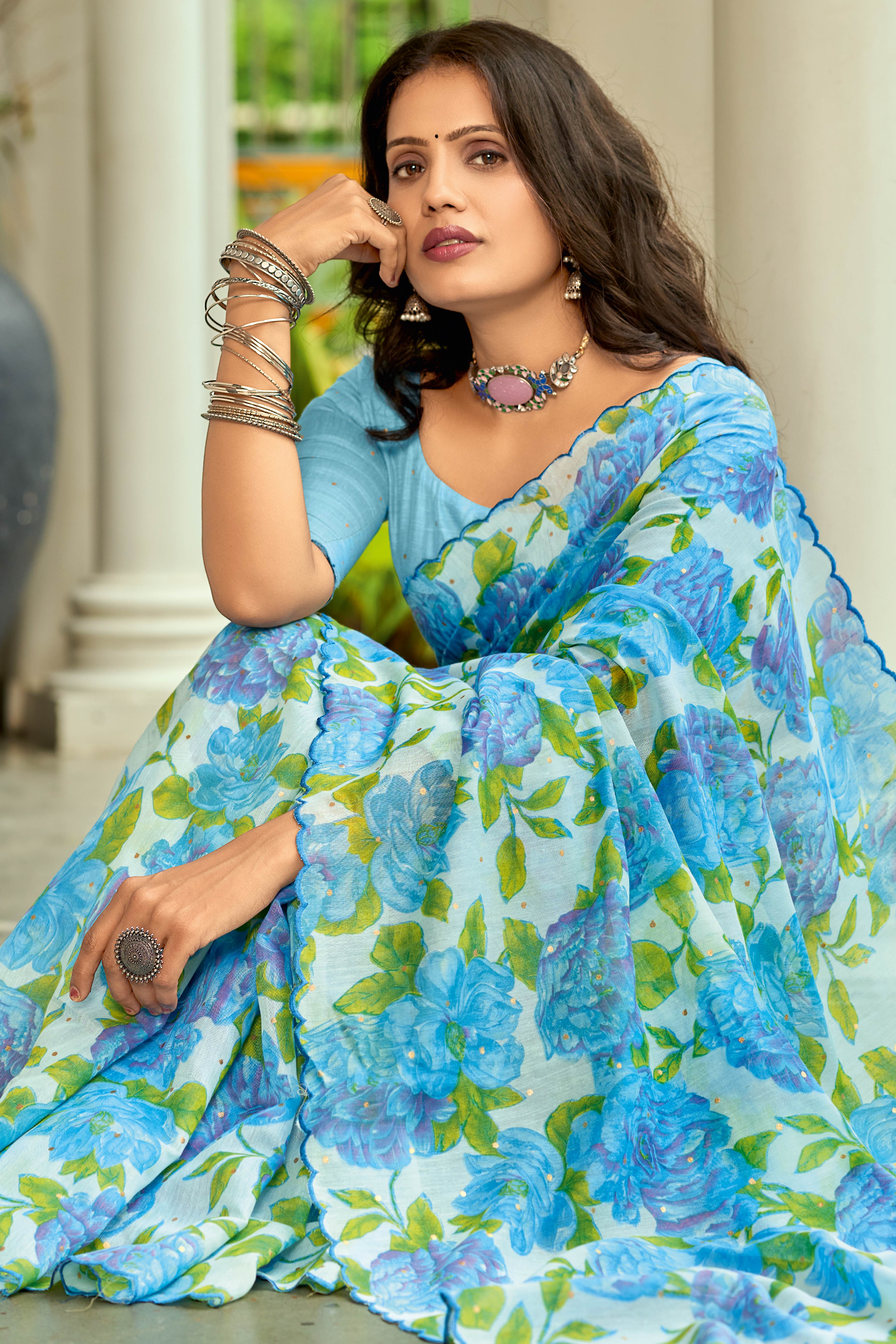 Blue Floral Printed Silk Blend Saree Enhanced with Intricate Stone Work