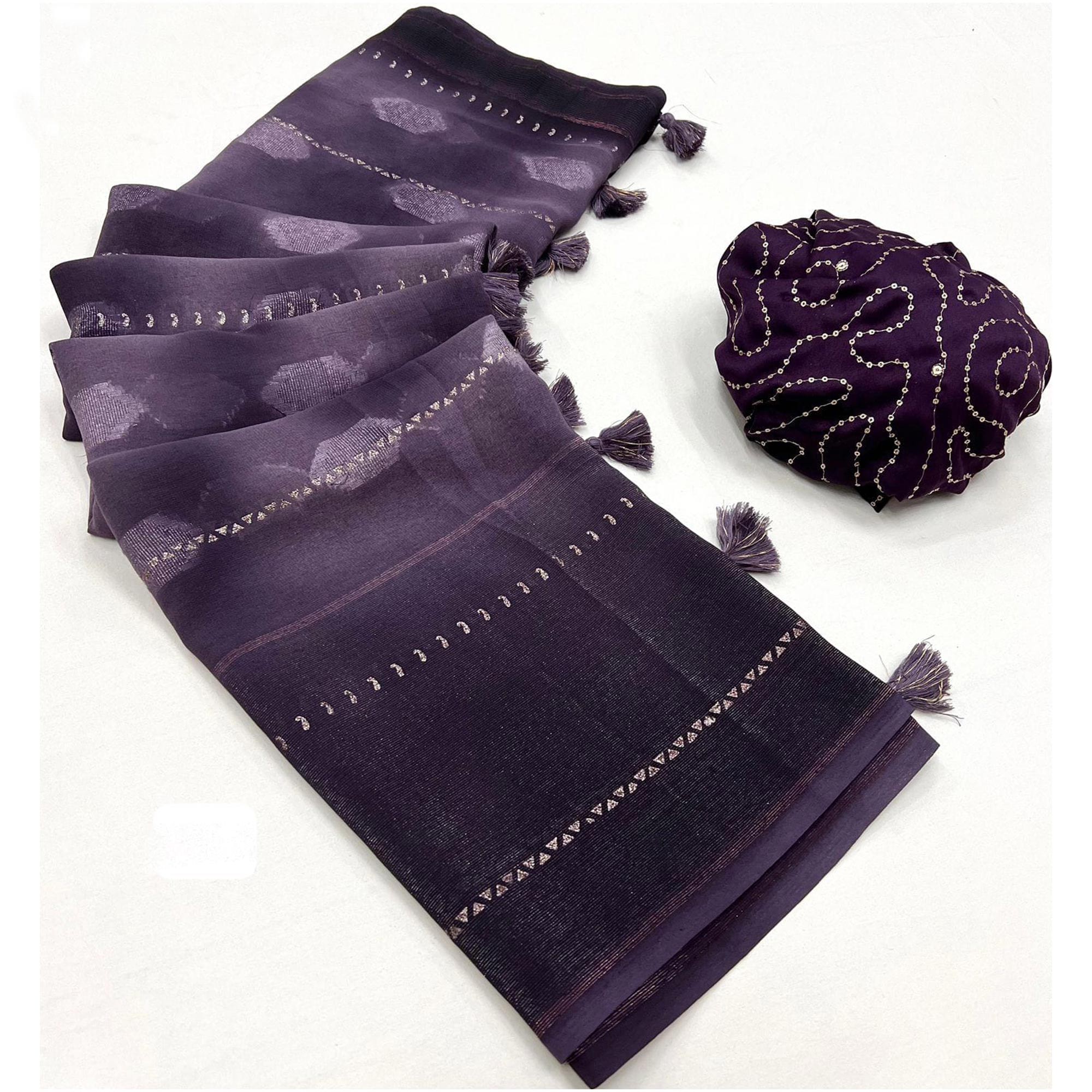 Dark Purple Woven Fancy Fabric Saree With Tassels