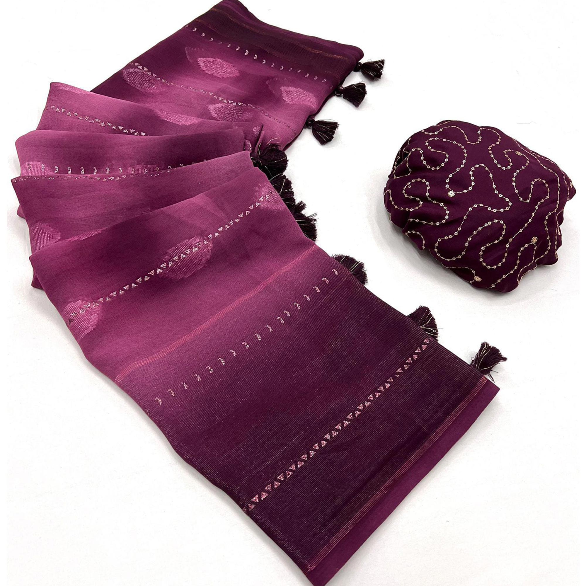 Dark Magenta Woven Fancy Fabric Saree With Tassels