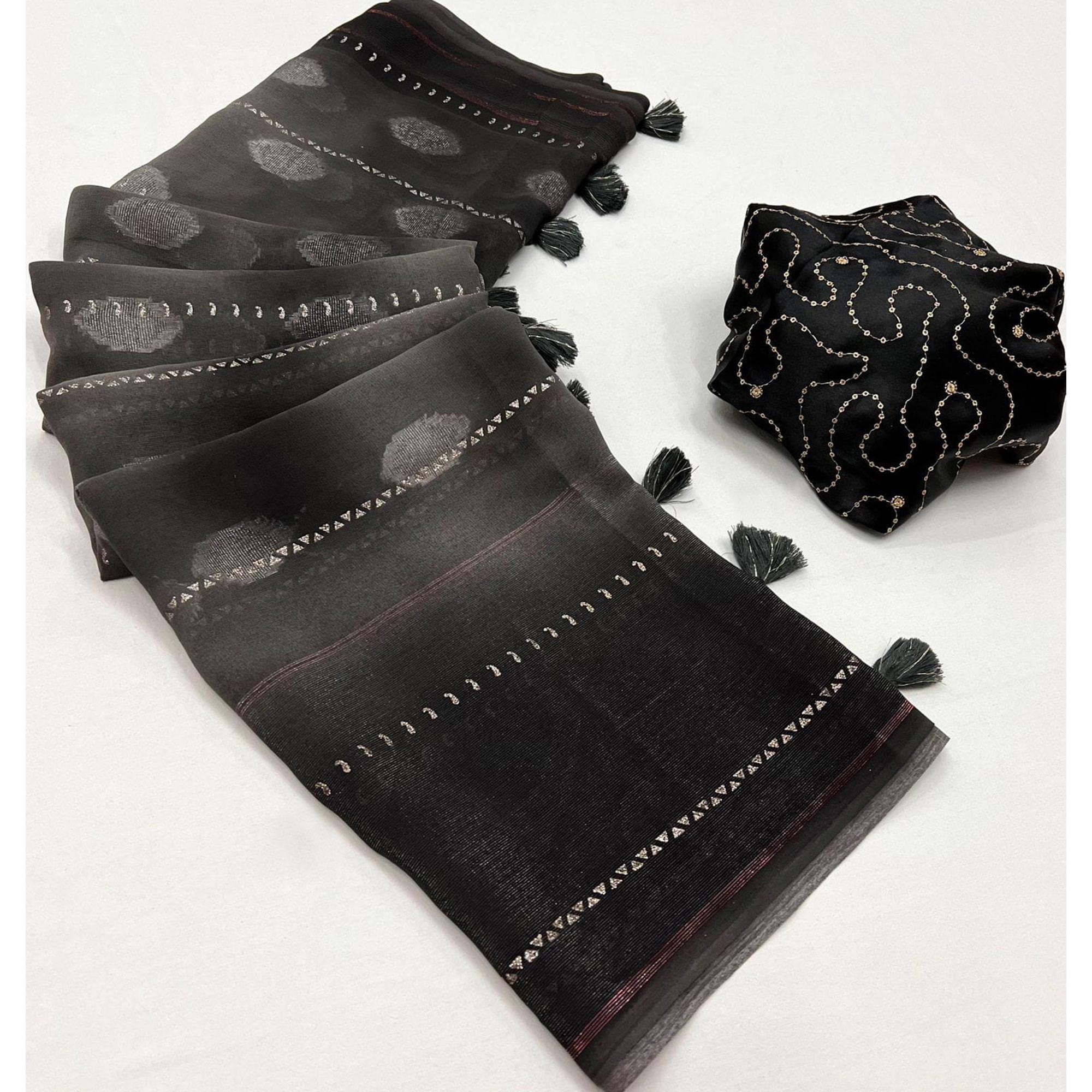 Grey Woven Fancy Fabric Saree With Tassels