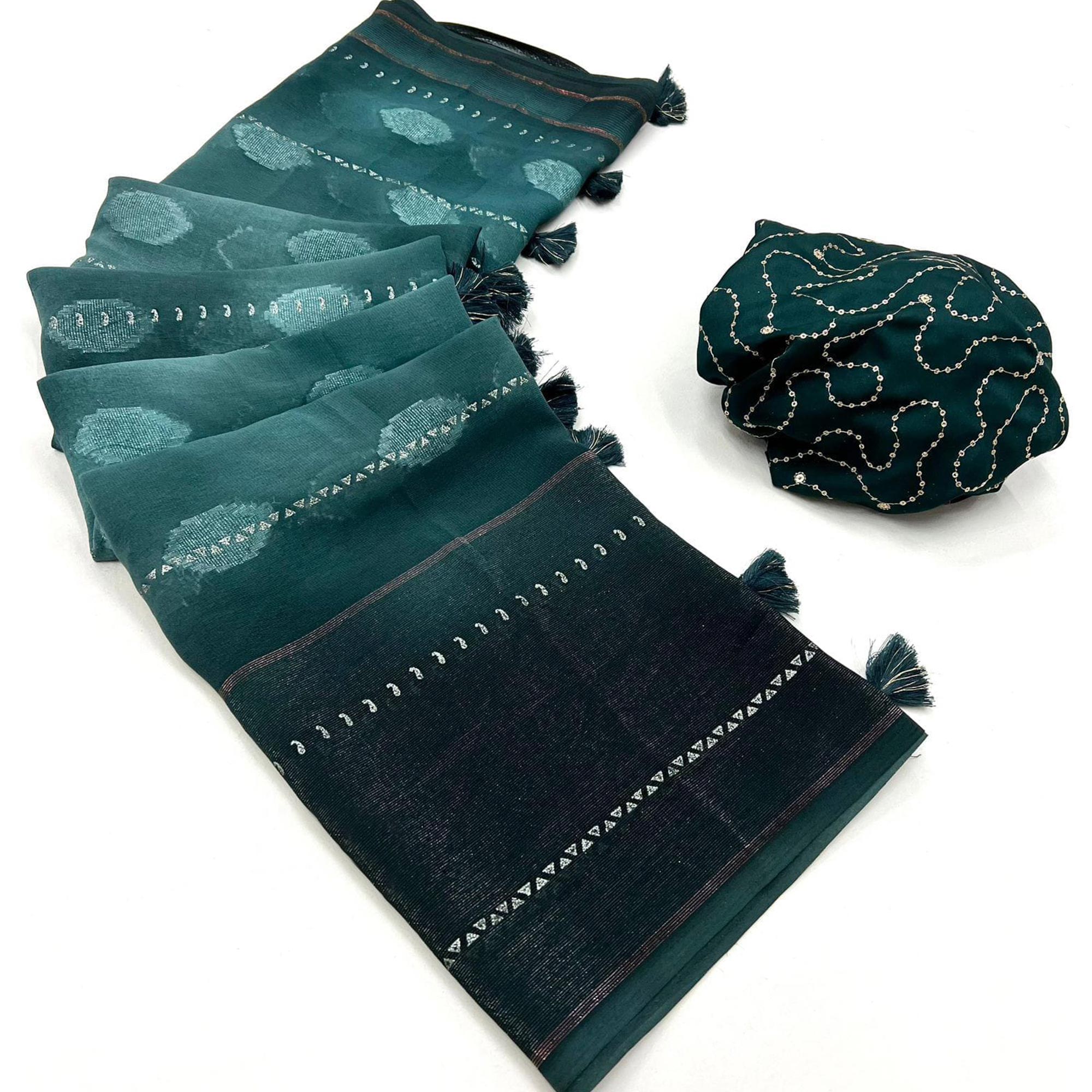 Teal Woven Fancy Fabric Saree With Tassels