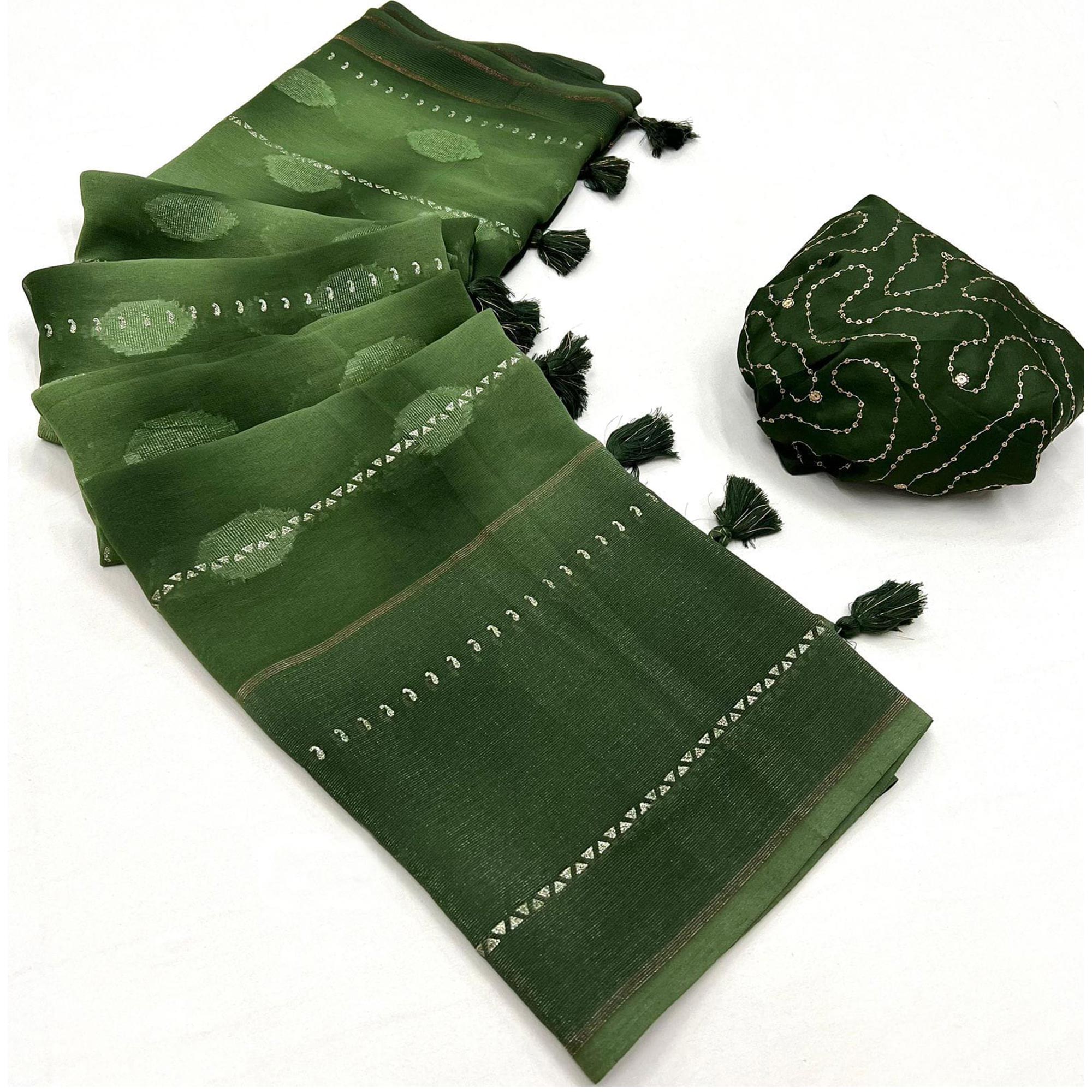 Green Woven Fancy Fabric Saree With Tassels