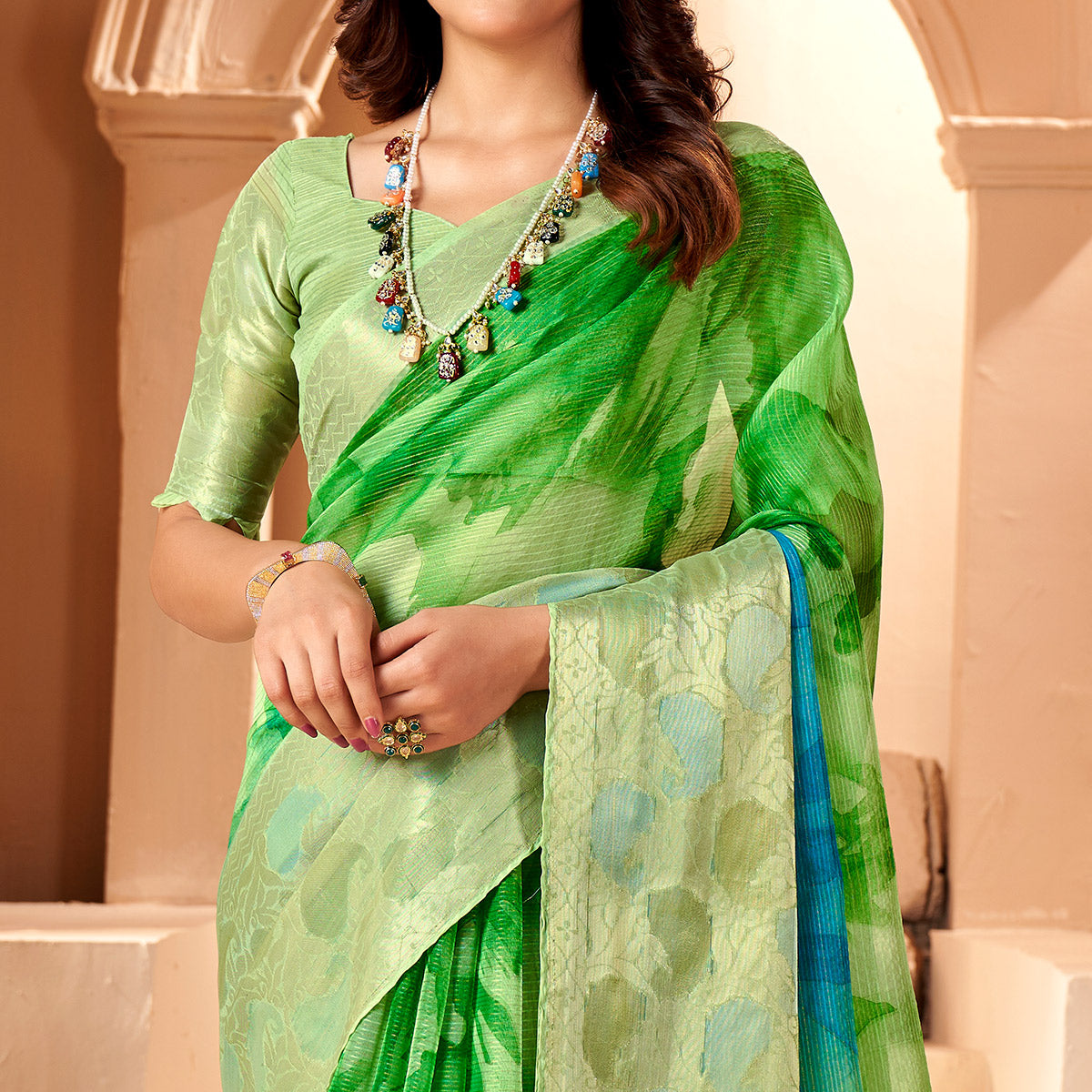 Green & Blue Printed Organza Saree With Woven Border