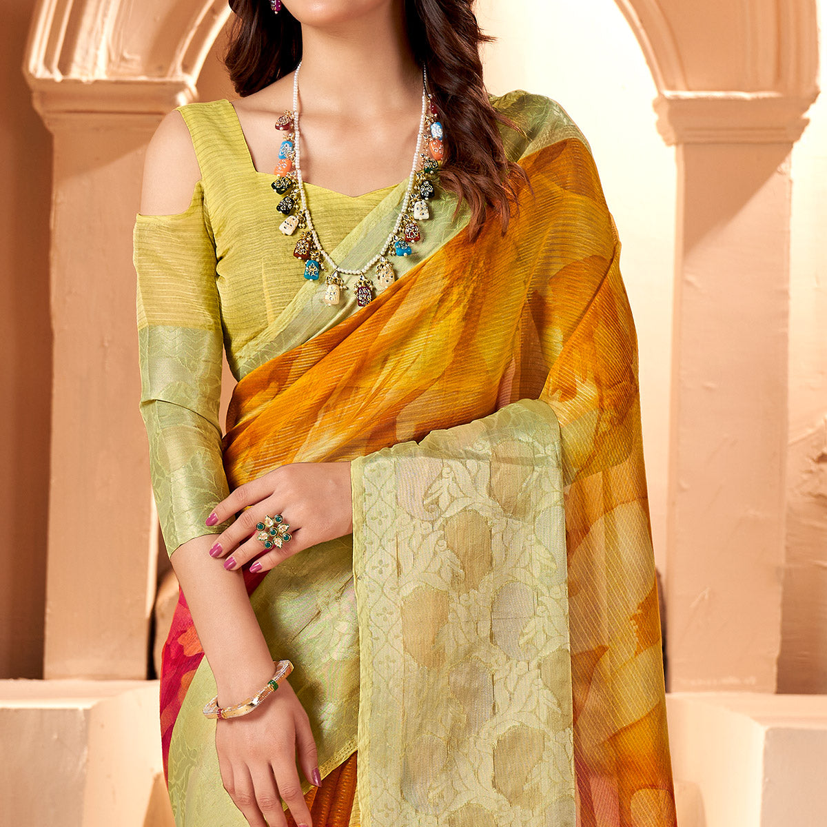Mustard & Pink Printed Organza Saree With Woven Border