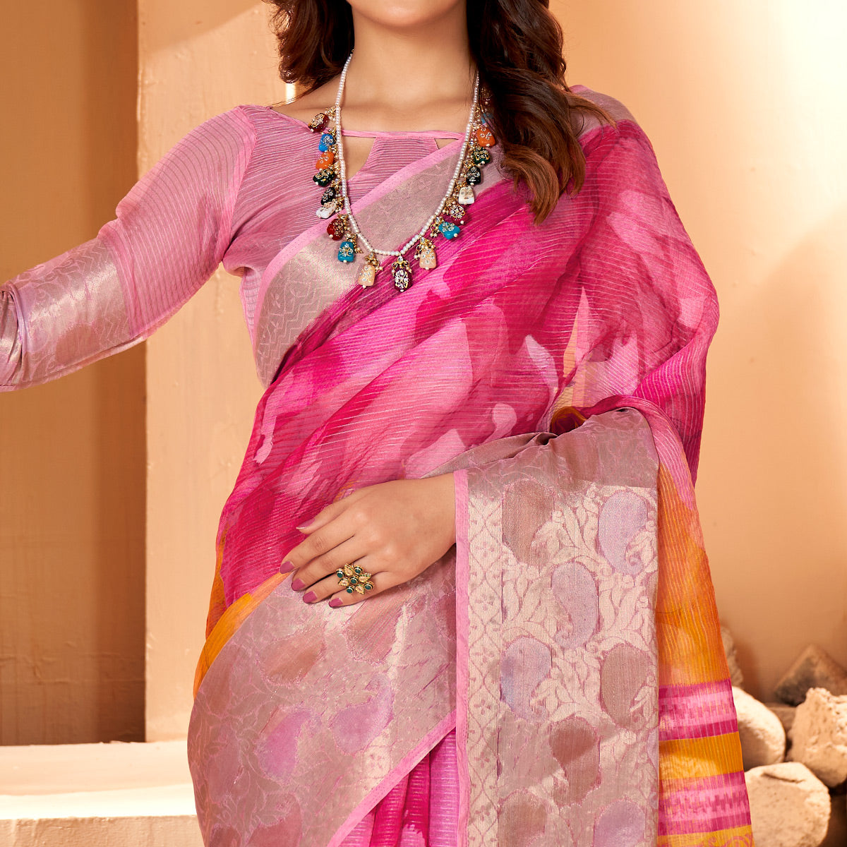 Pink & Mustard Printed Organza Saree With Woven Border