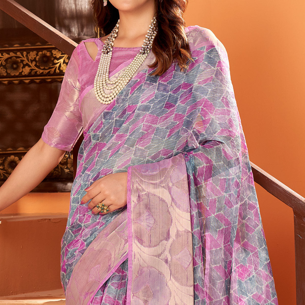 Light Purple Printed Organza Saree With Woven Border