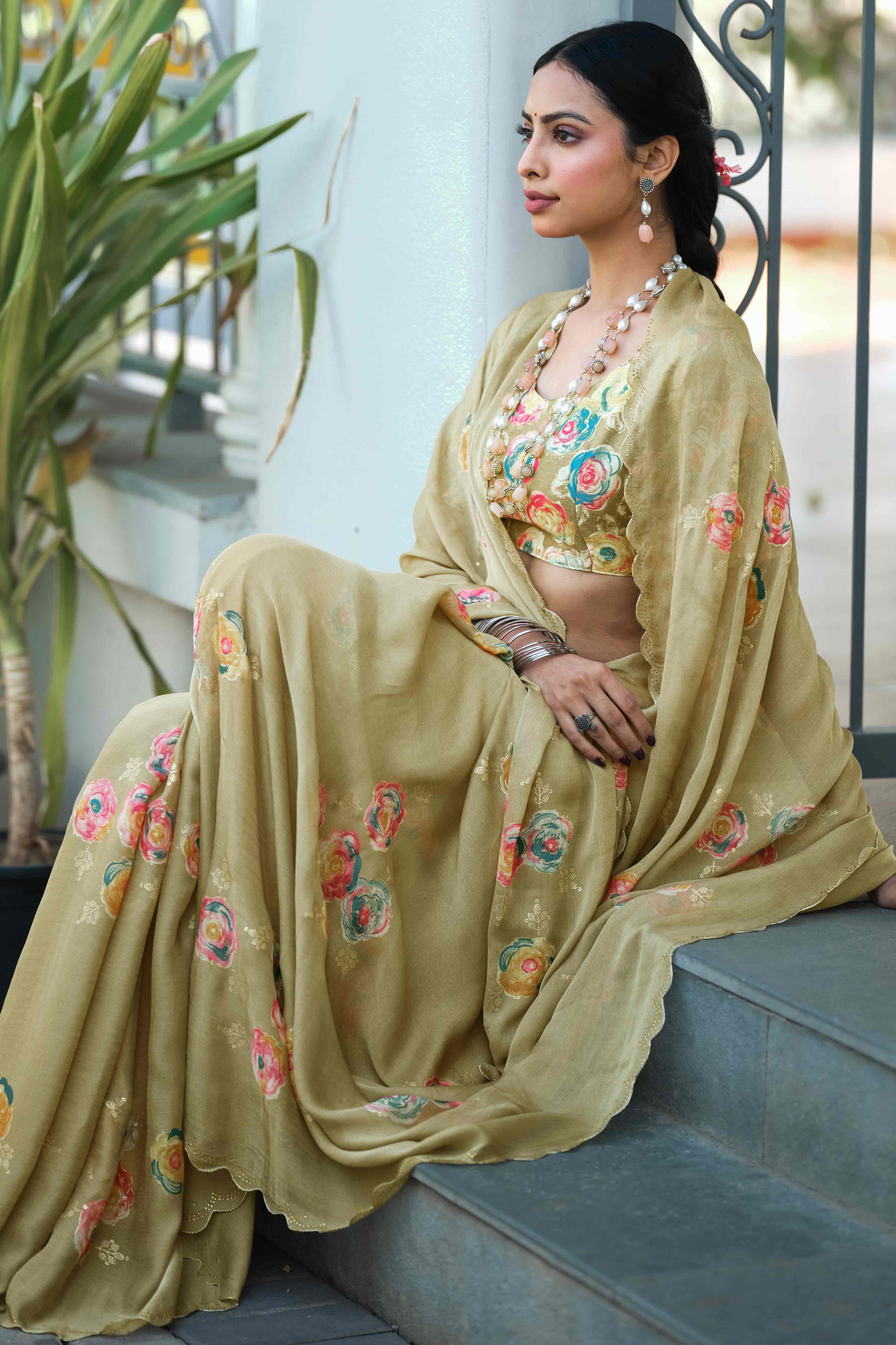 Elegant Olive Chiffon Saree with Floral and Foil Print Detailing