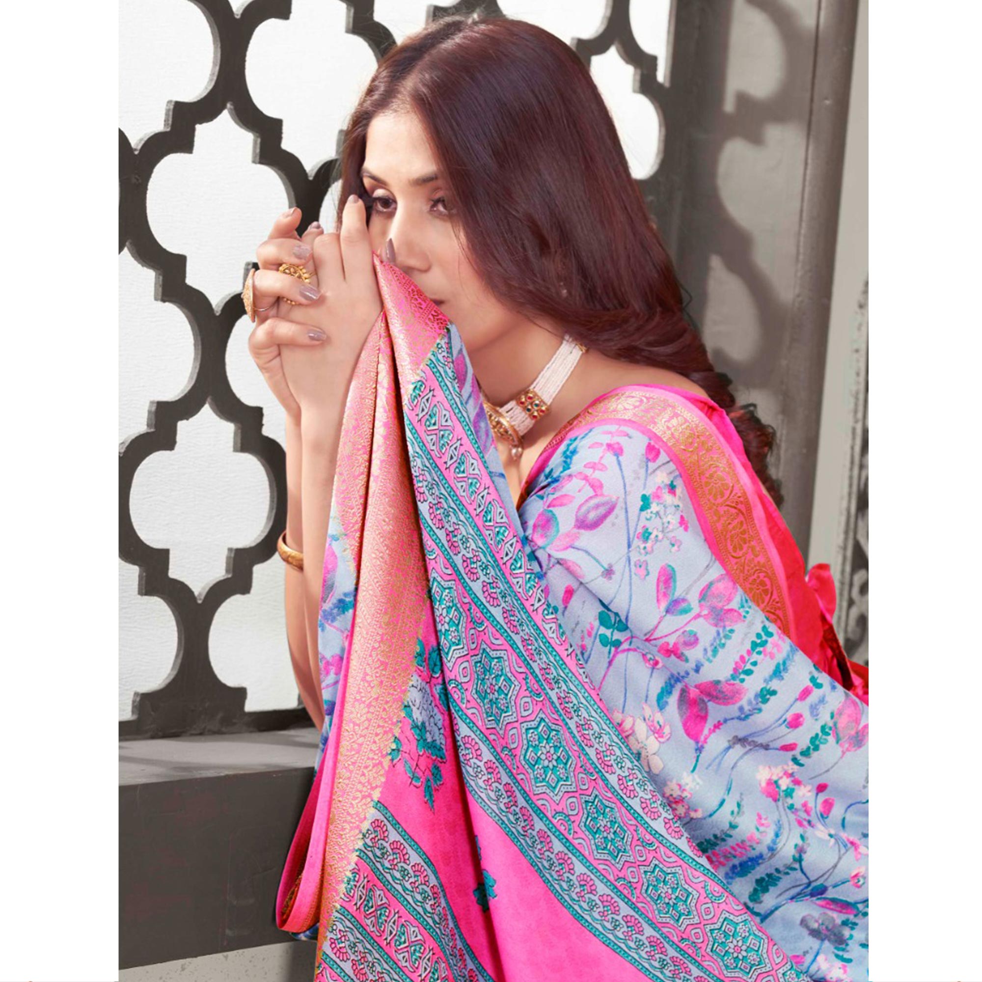 Blue Floral Printed Cotton Blend Saree With Jacquard Border