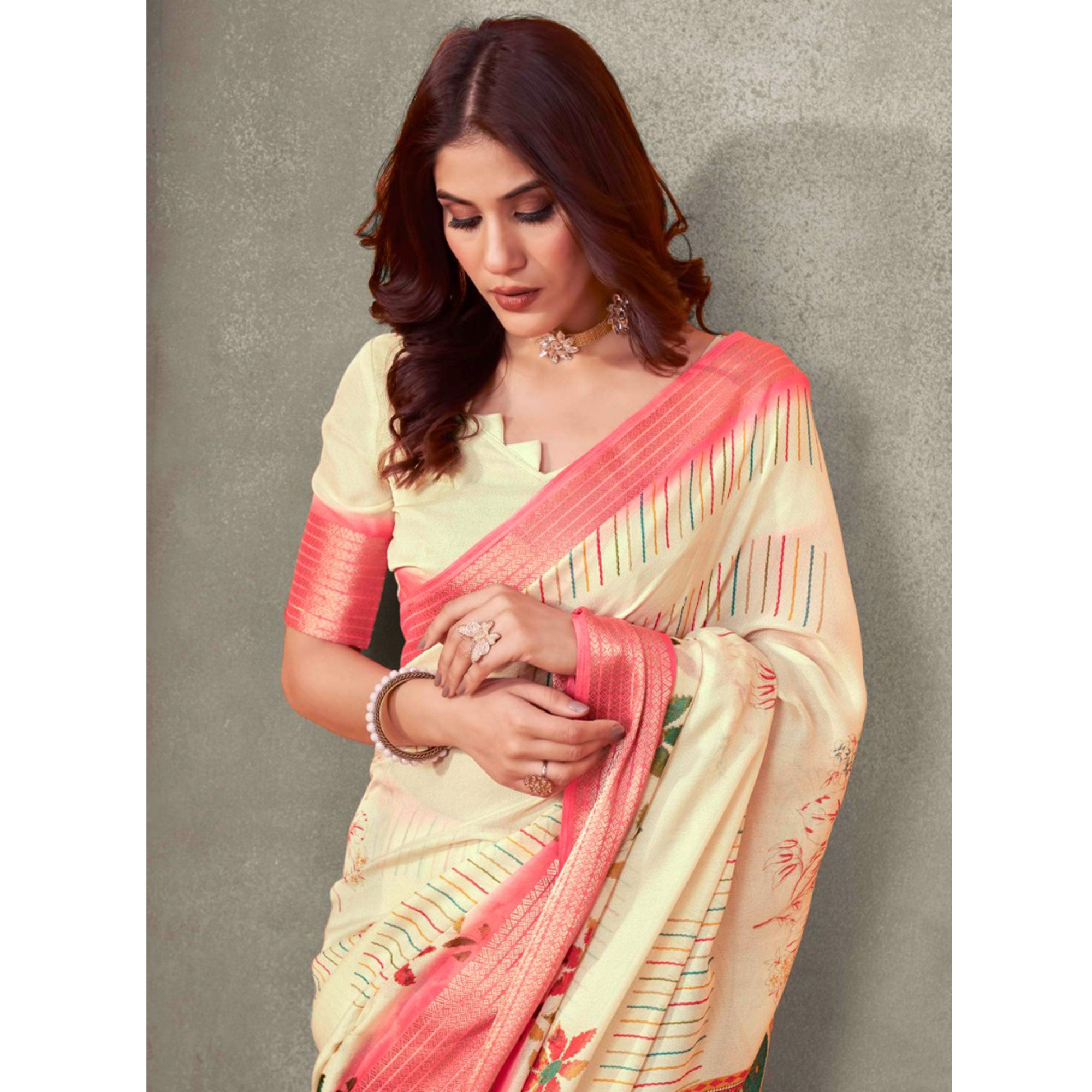 Cream Floral Printed Cotton Blend Saree With Jacquard Border