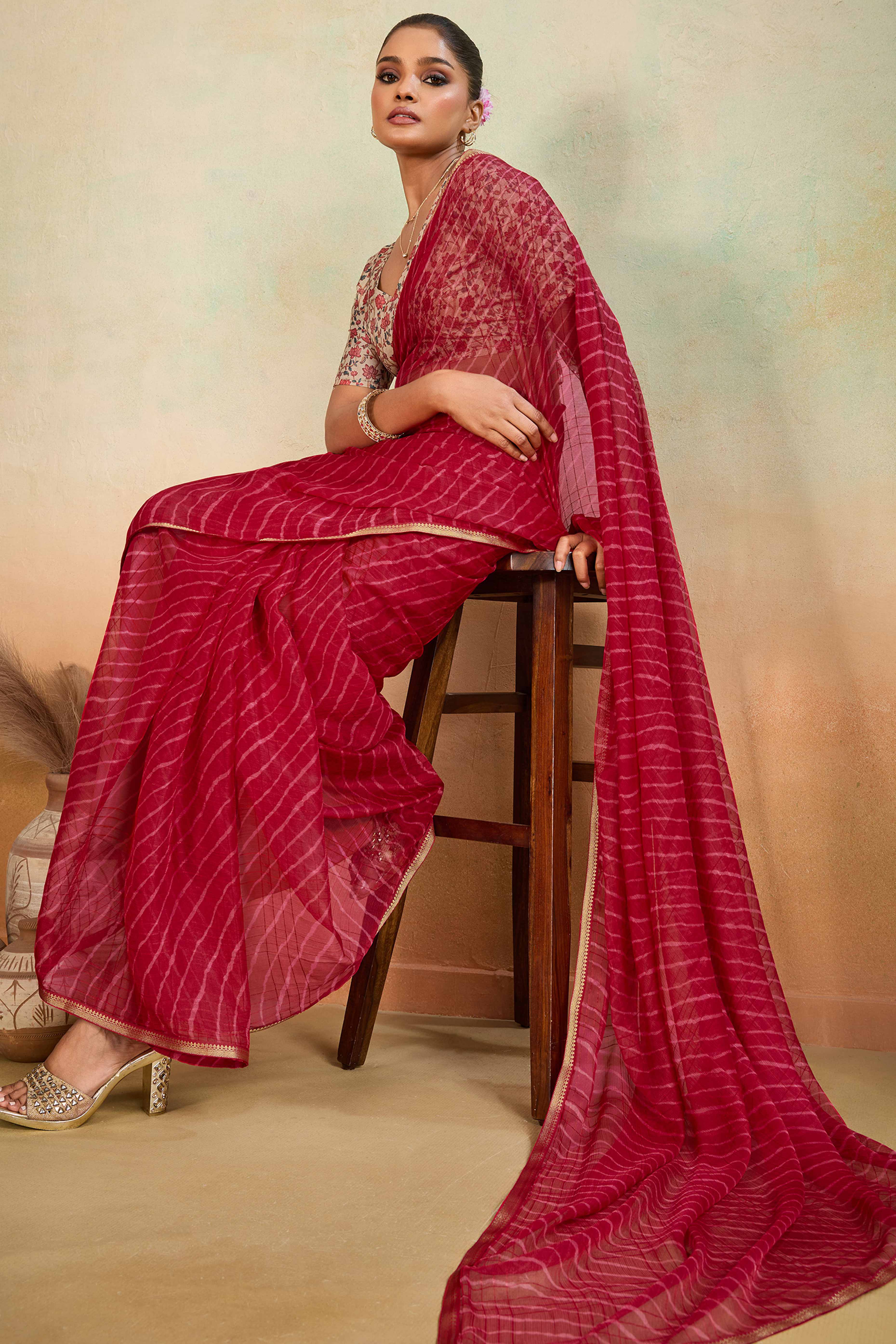 Maroon Leheriya Chiffon Saree Accented With Elegant Zari Lace Border Work
