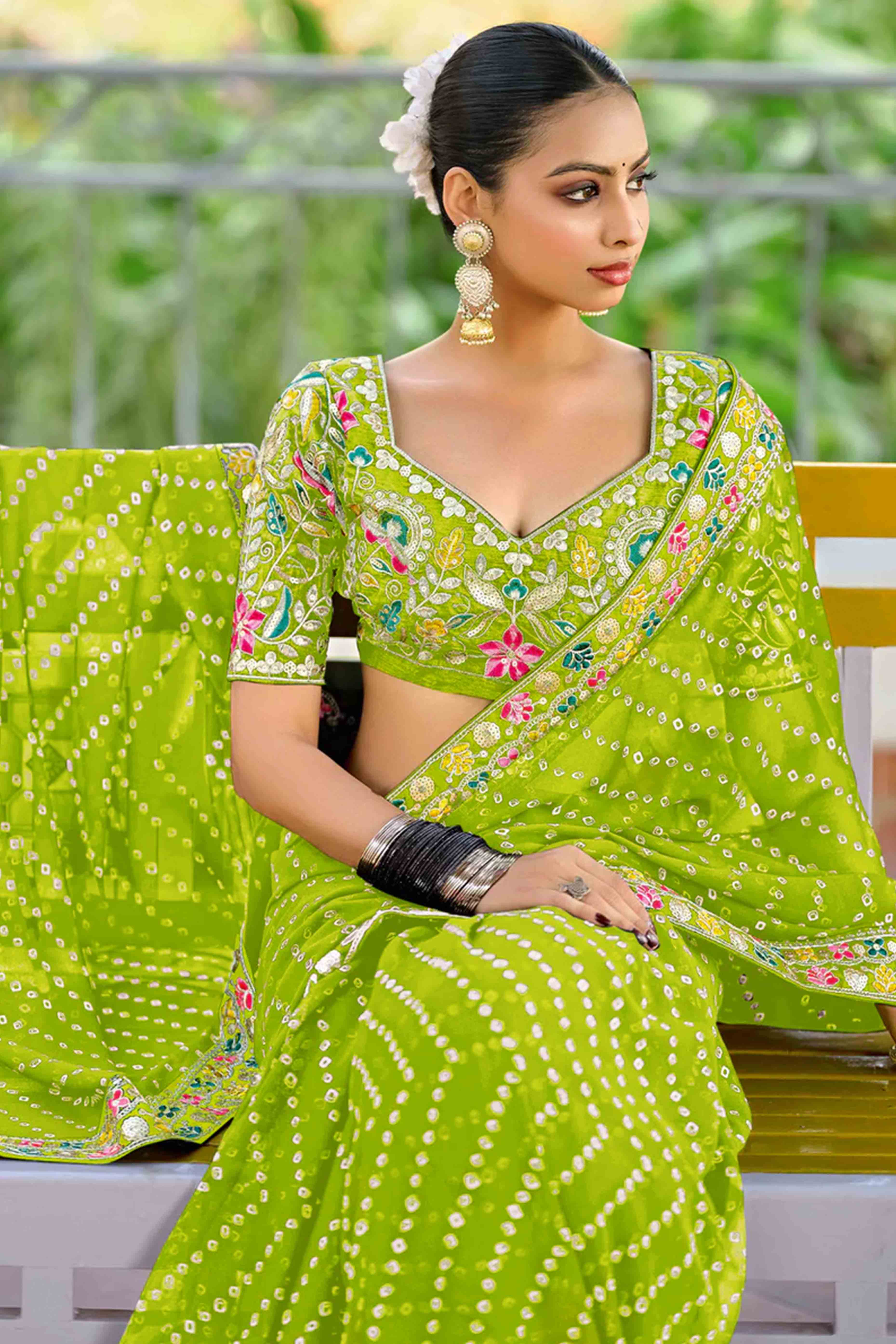 Parrot Green Bandhani Printed Georgette Saree With Sparkling Sequin Embroidered Border