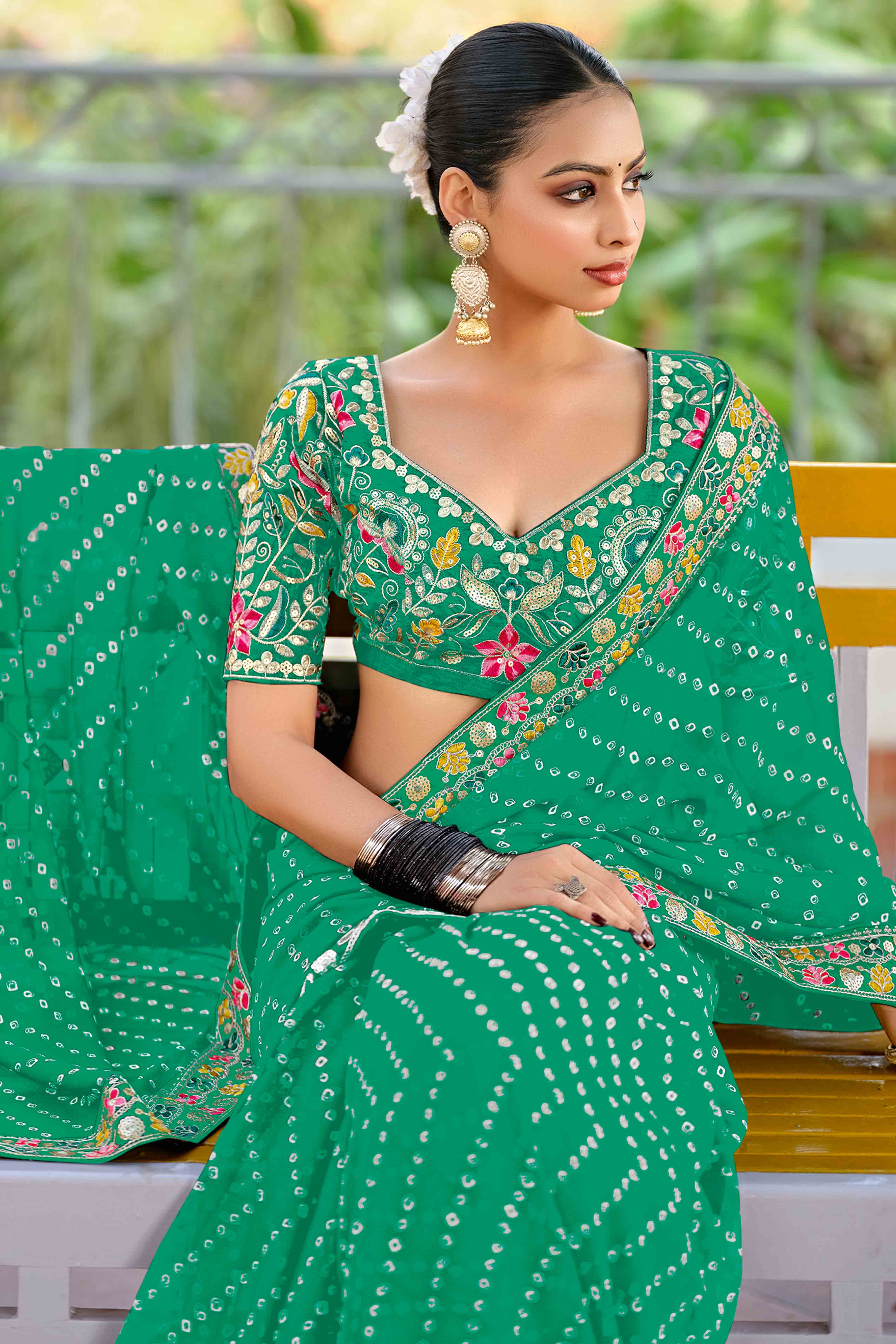 Rama Green Bandhani Printed Georgette Saree With Sparkling Sequin Embroidered Border