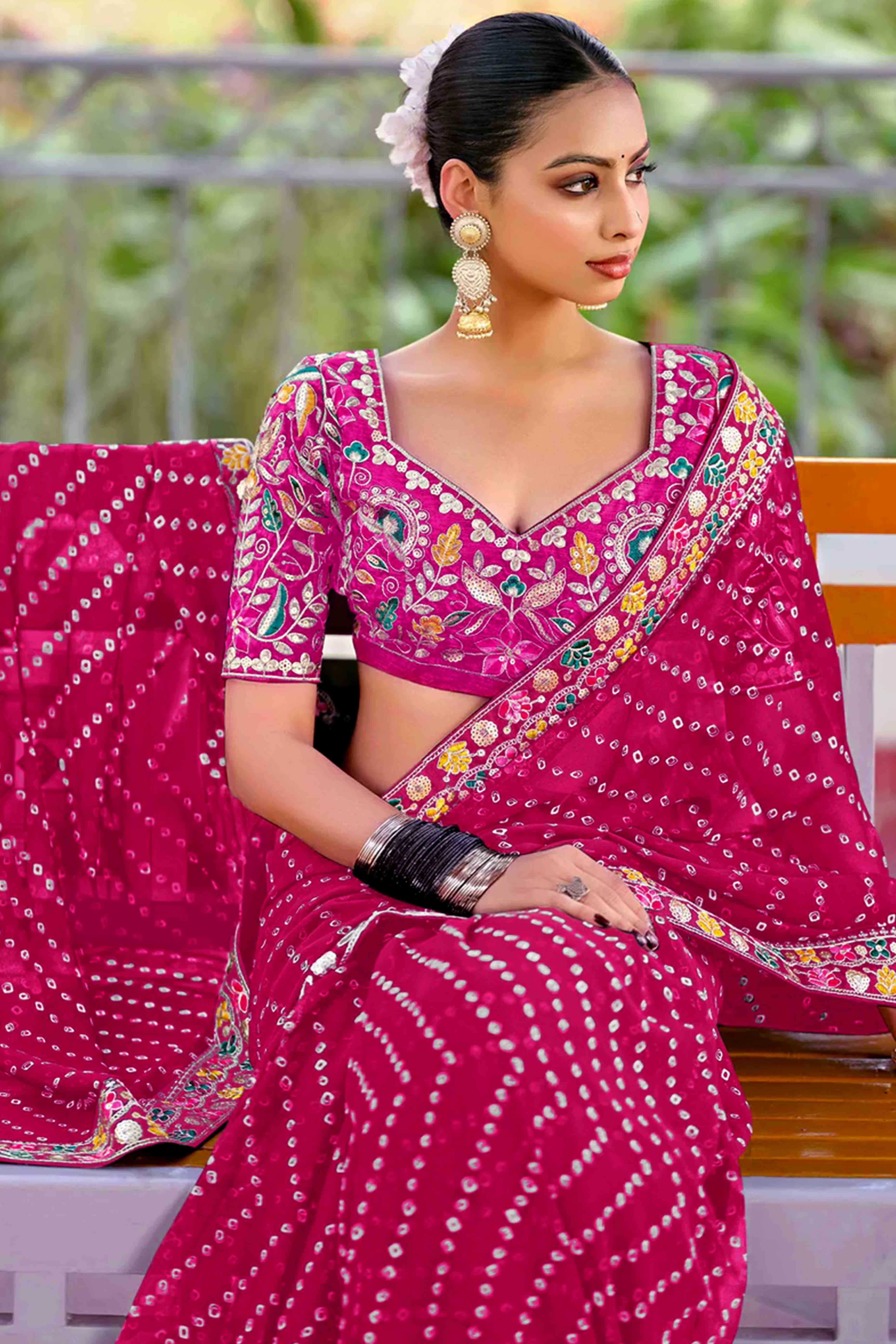 Pink Bandhani Printed Georgette Saree With Sparkling Sequin Embroidered Border
