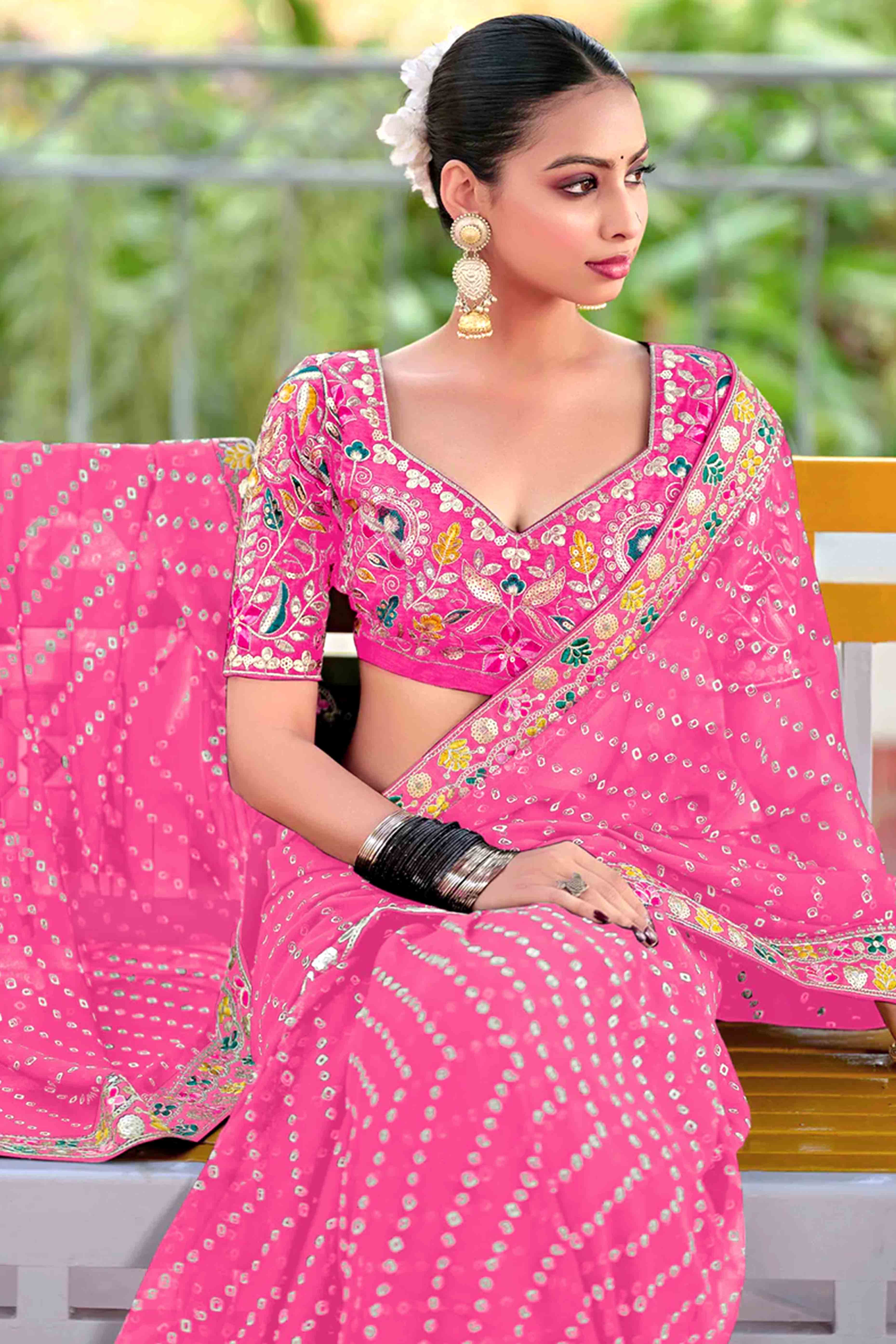 Pink Bandhani Printed Georgette Saree With Sparkling Sequin Embroidered Border