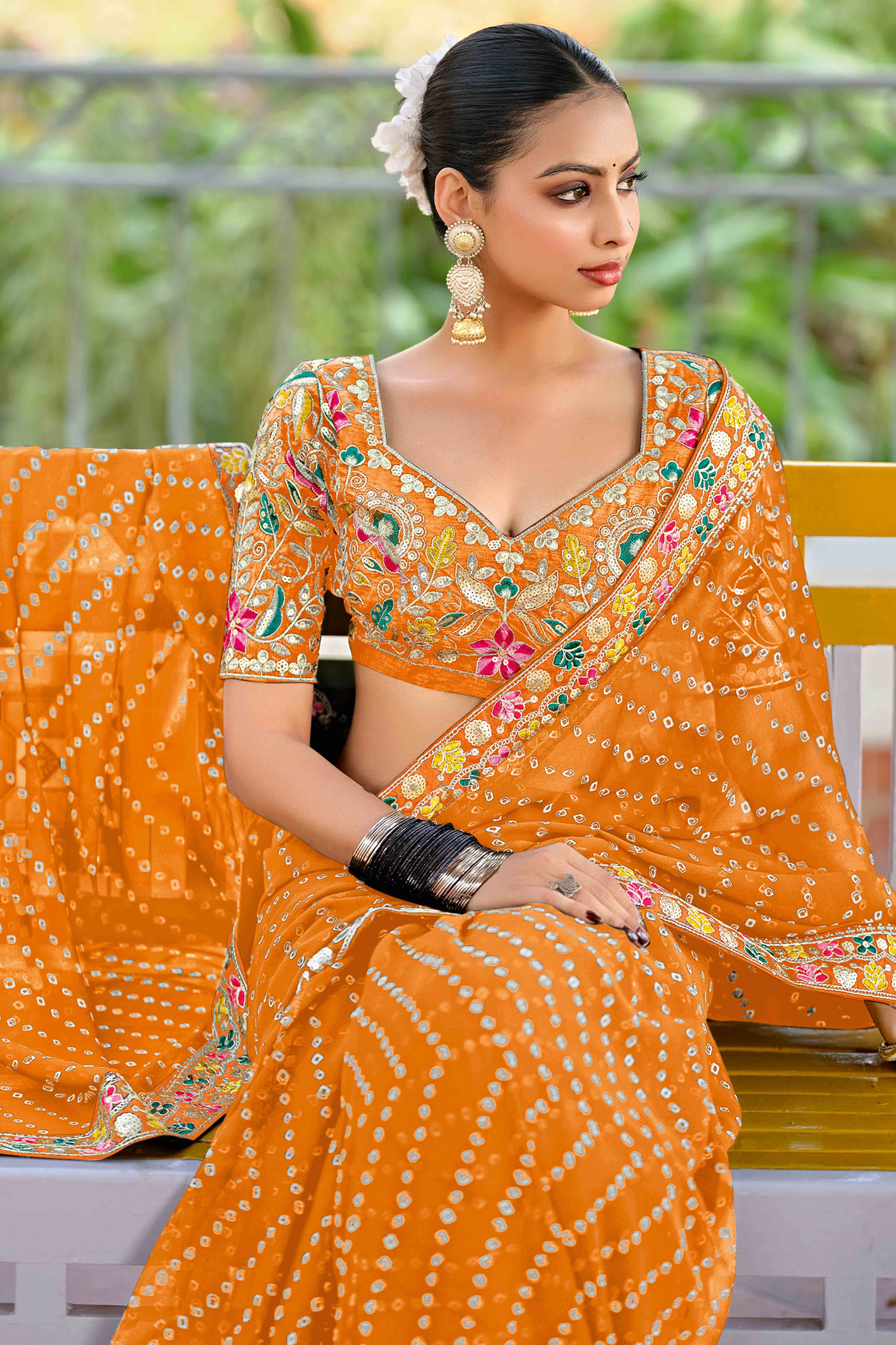 Orange Bandhani Printed Georgette Saree With Sparkling Sequin Embroidered Border