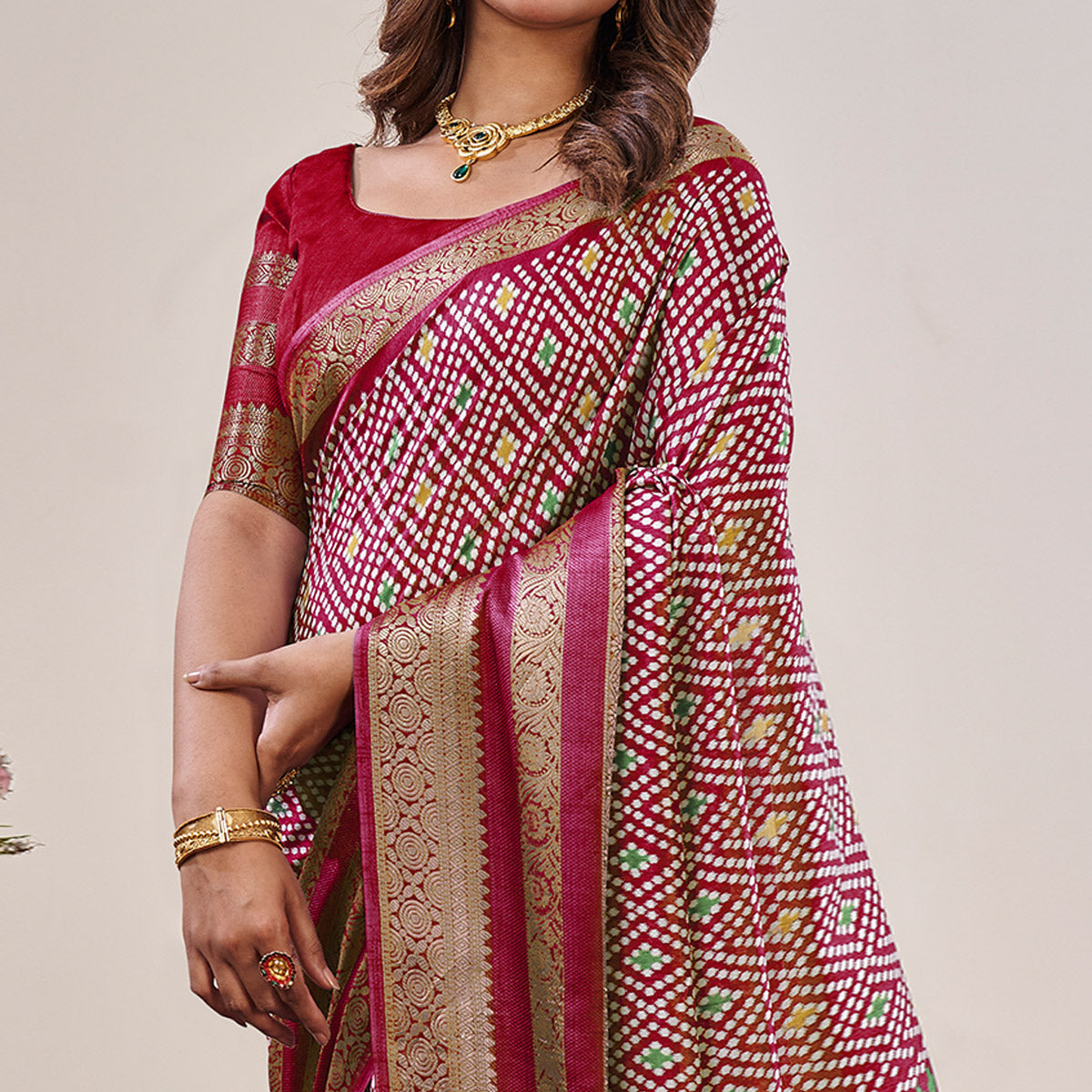 Red Ikkat Printed With Jacquard Border Cotton Silk Saree