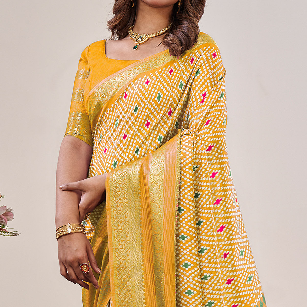 Yellow Ikkat Printed With Jacquard Border Cotton Silk Saree