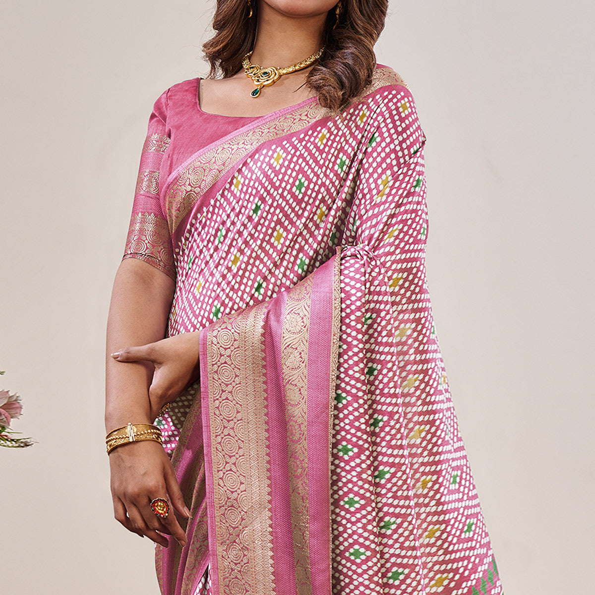 Baby Pink Ikkat Printed With Jacquard Border Cotton Silk Saree