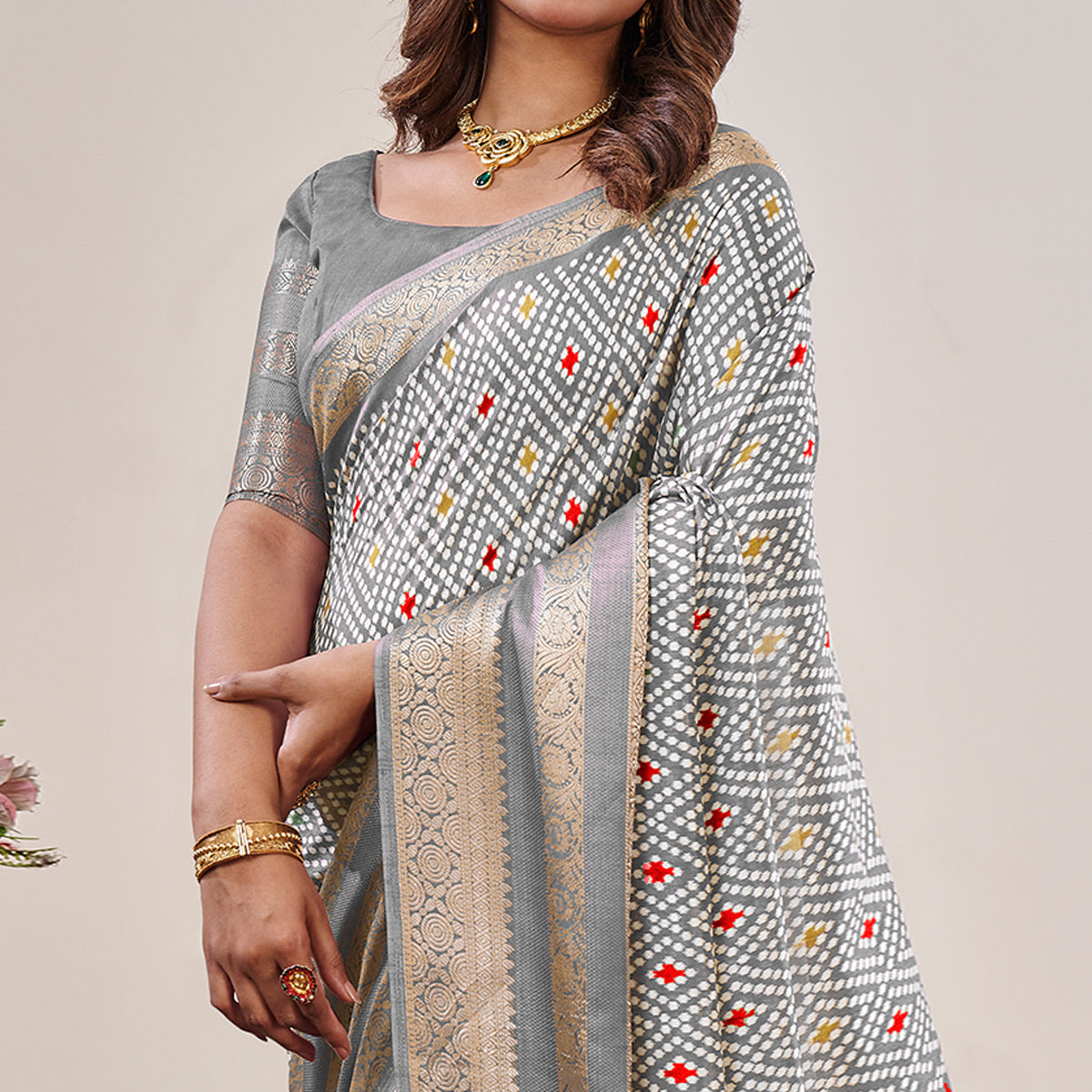 Grey Ikkat Printed With Jacquard Border Cotton Silk Saree