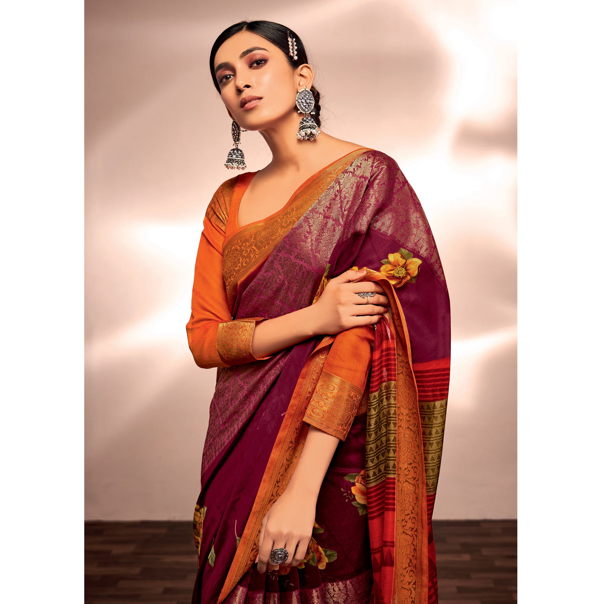 Wine Floral Printed With Woven Cotton Silk Saree