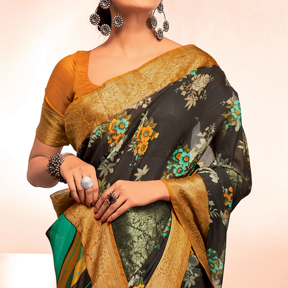 Black Floral Printed With Woven Cotton Silk Saree