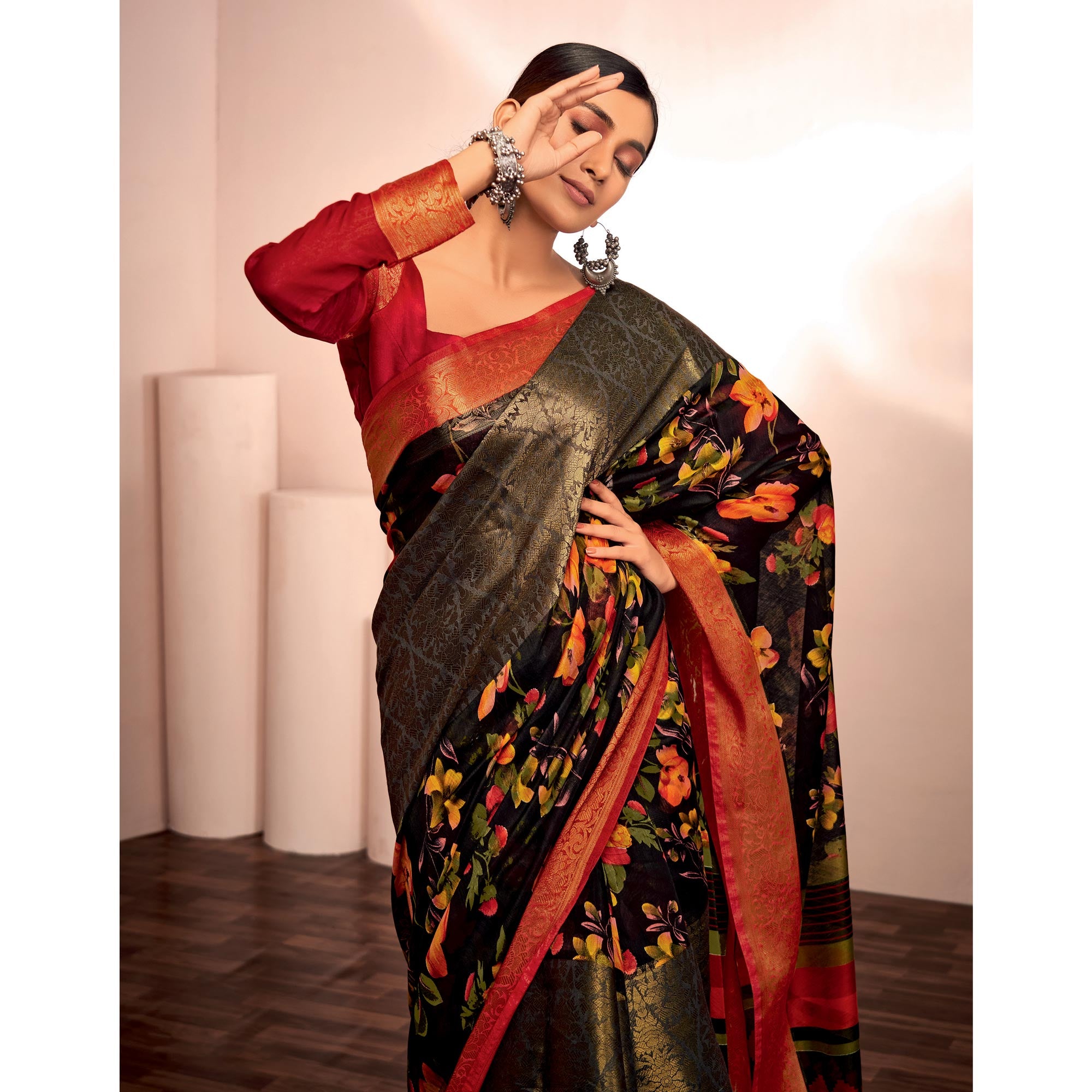 Black Floral Printed With Woven Cotton Silk Saree